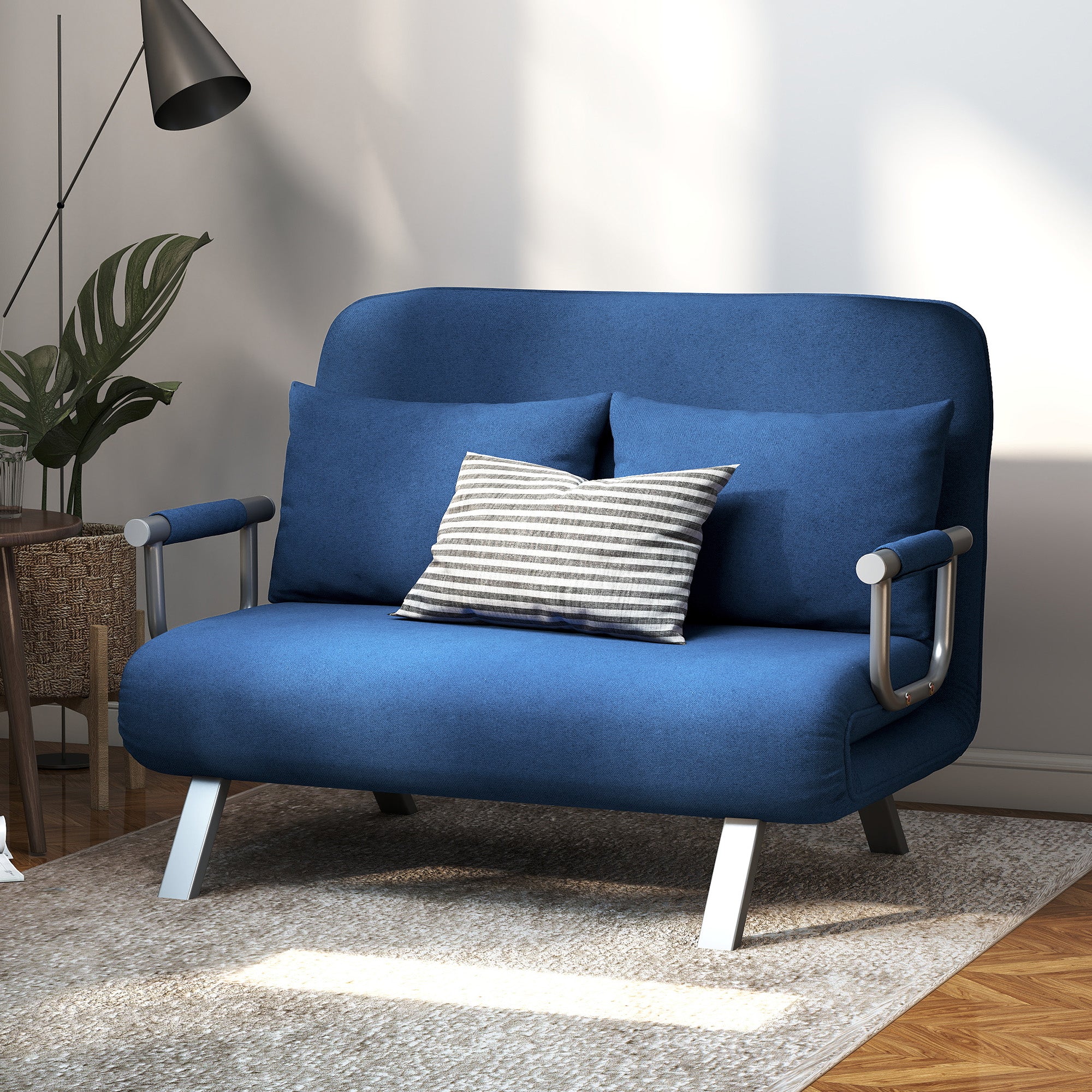 2 Seater Sofa Bed, Click Clack Convertible Bed Settee, Modern Faux Suede Upholstered Sofa with 2 Pillows for Living Room, Guest Room, Dark Blue