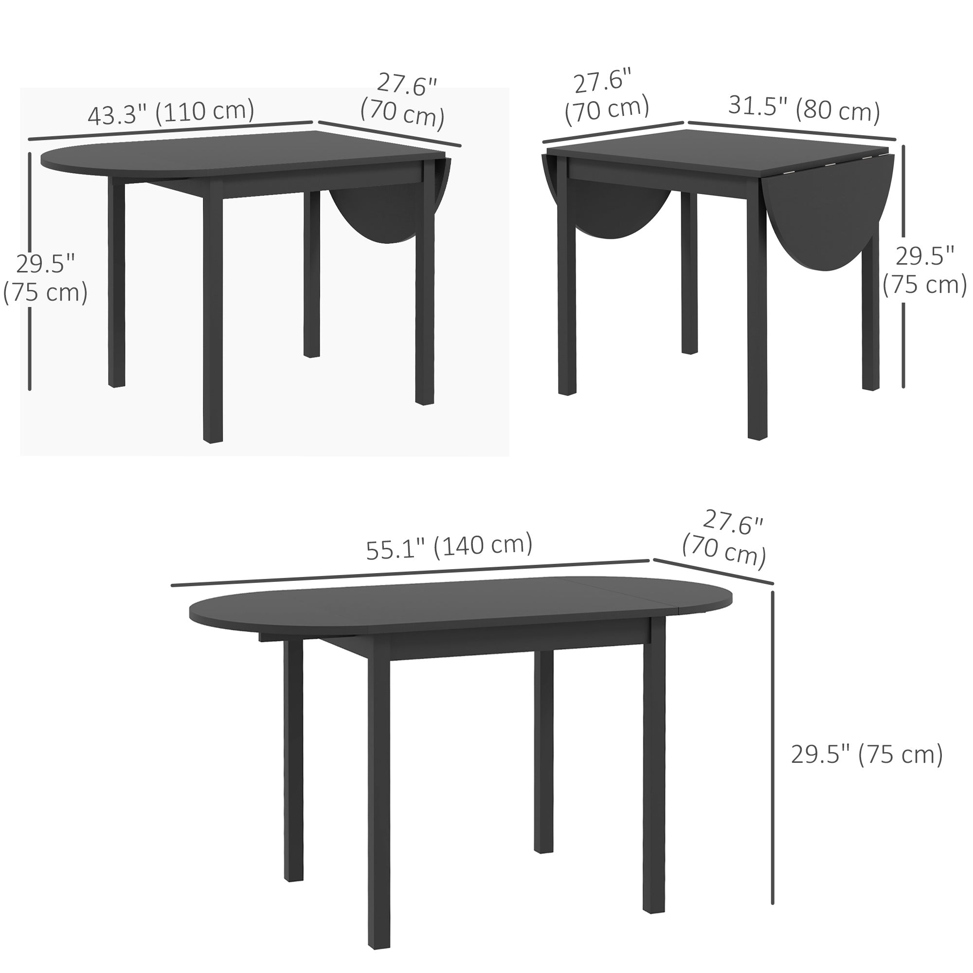HOMCOM Solid Wood Kitchen Table, Drop Leaf Tables for Small Spaces, Folding Dining Table, Black