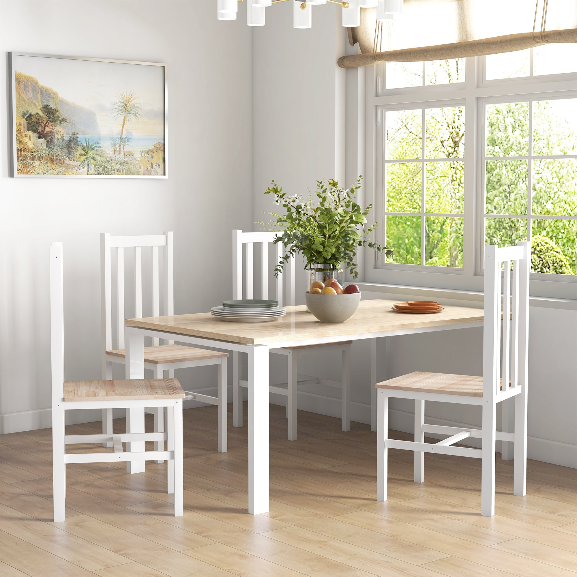 Farmhouse Dining Table Chairs, Set of 4 Pine Wood Kitchen Table Chairs with Slat Back for Living Room, Bedroom, White