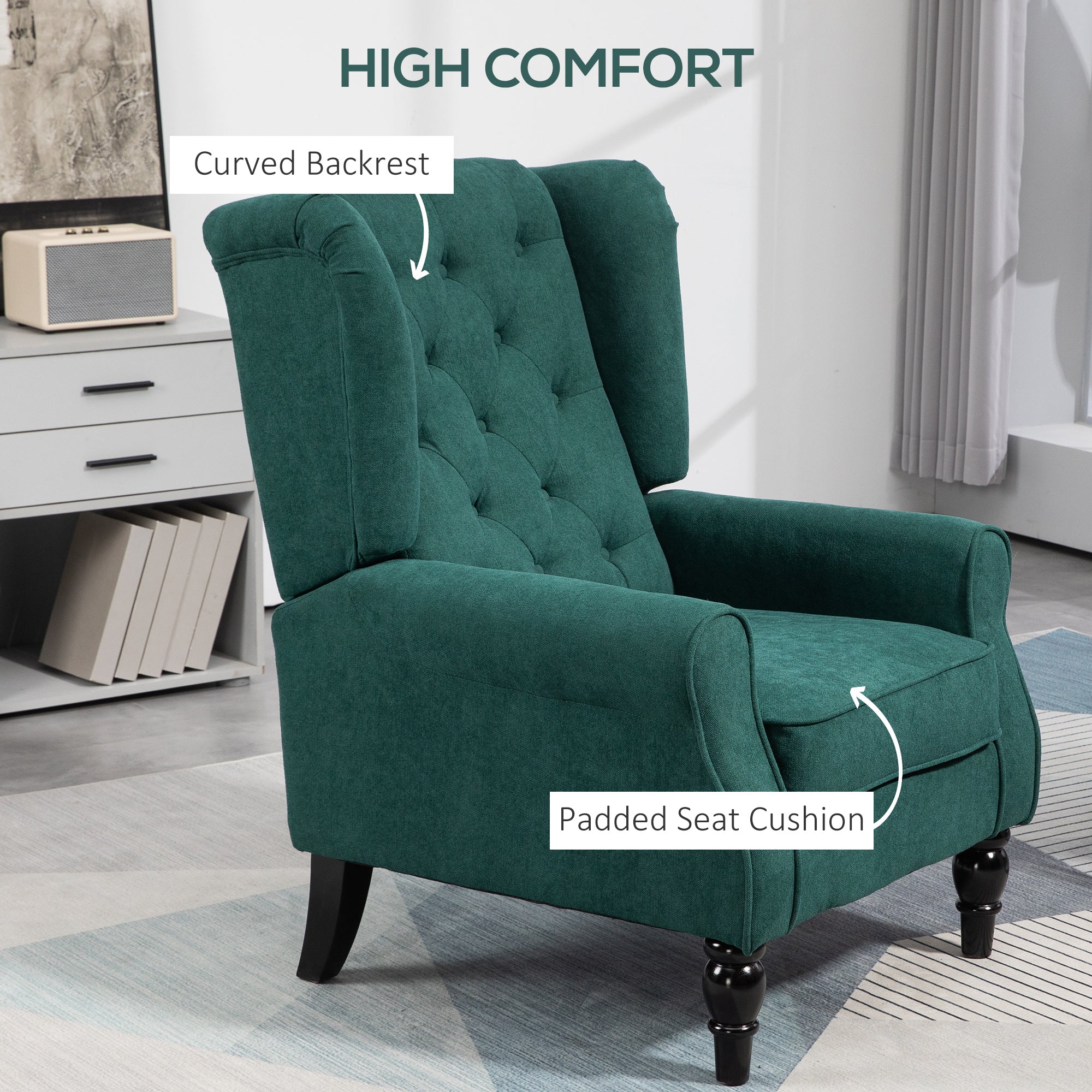 Wingback Accent Chair for Living Room, Button-Tufted Lounge Chair with Round Armrests and Wood Legs, Dark Green