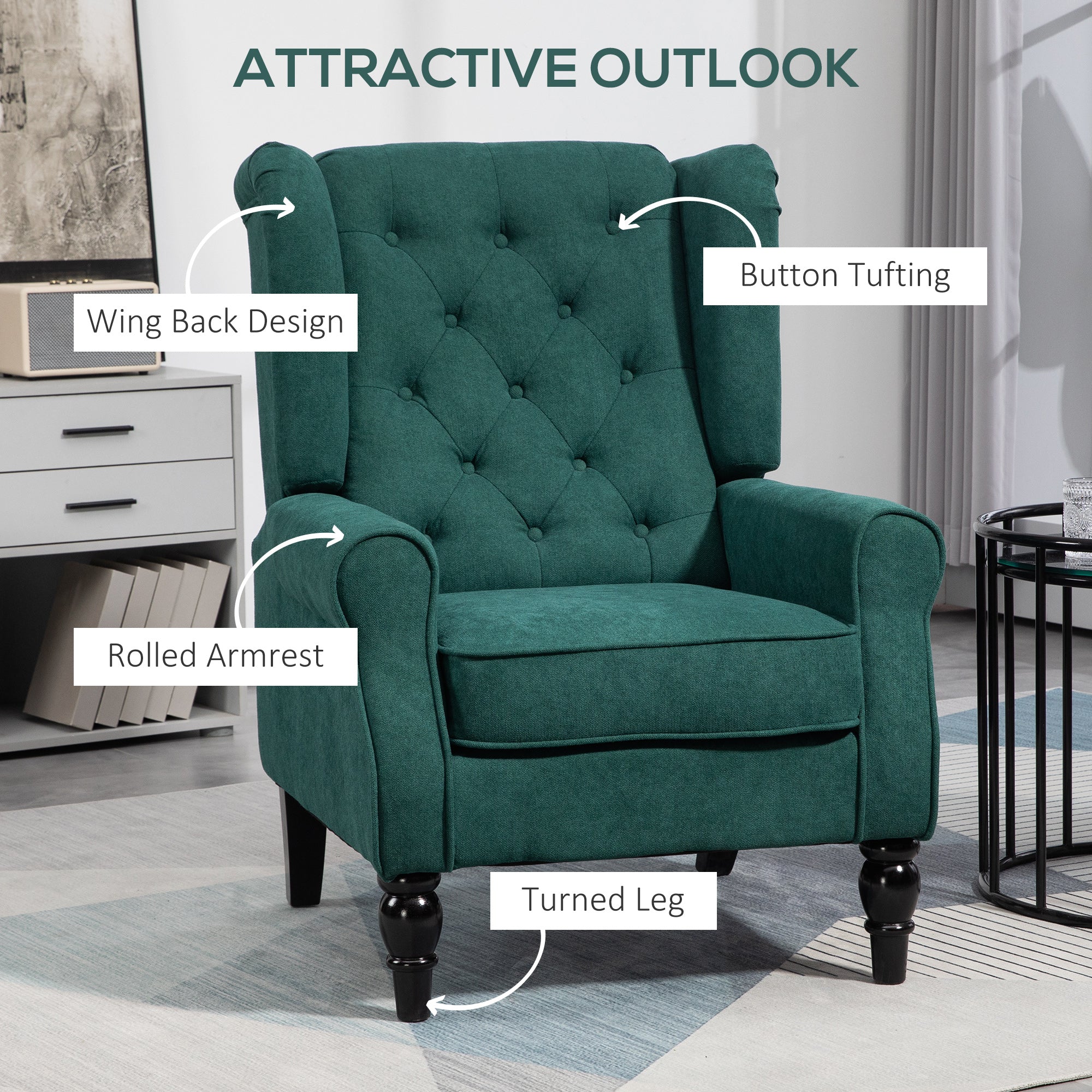 Wingback Accent Chair for Living Room, Button-Tufted Lounge Chair with Round Armrests and Wood Legs, Dark Green