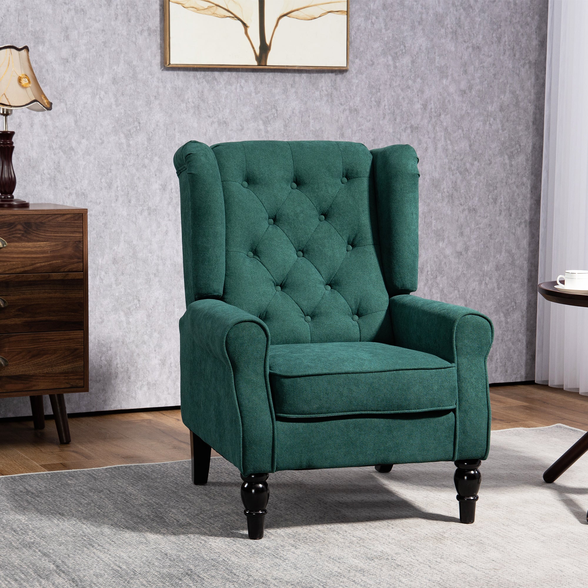 Wingback Accent Chair for Living Room, Button-Tufted Lounge Chair with Round Armrests and Wood Legs, Dark Green