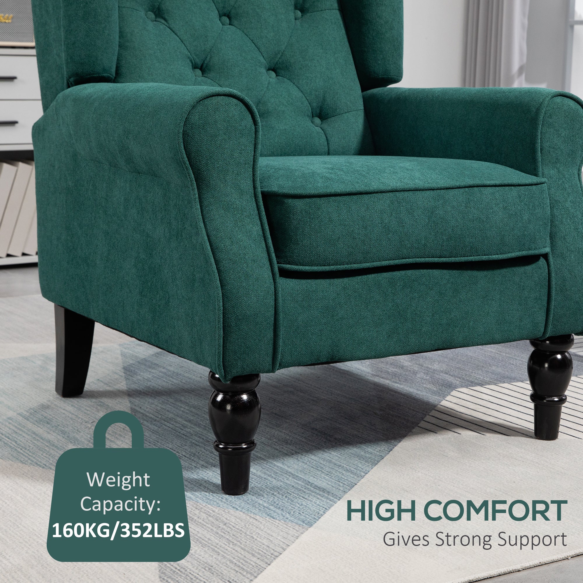 Wingback Accent Chair for Living Room, Button-Tufted Lounge Chair with Round Armrests and Wood Legs, Dark Green