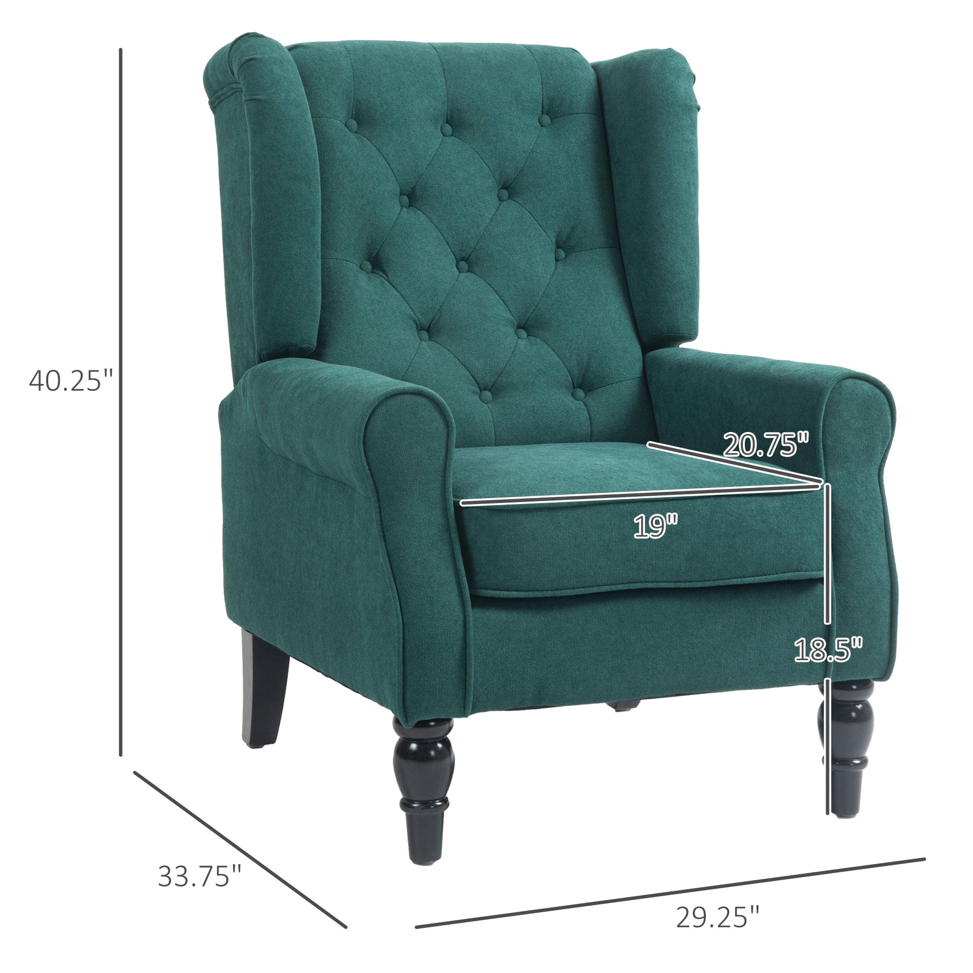 Wingback Accent Chair for Living Room, Button-Tufted Lounge Chair with Round Armrests and Wood Legs, Dark Green