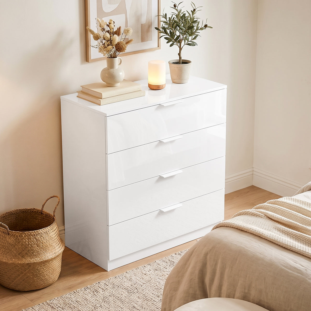 High Gloss Chest of Drawers with 4 Drawers, Modern Space-Saving Bedroom Storage Unit with Smooth Runners, Wooden Cupboard for Living Room, Office, Hallway, 70 x 34 x 79 cm, White