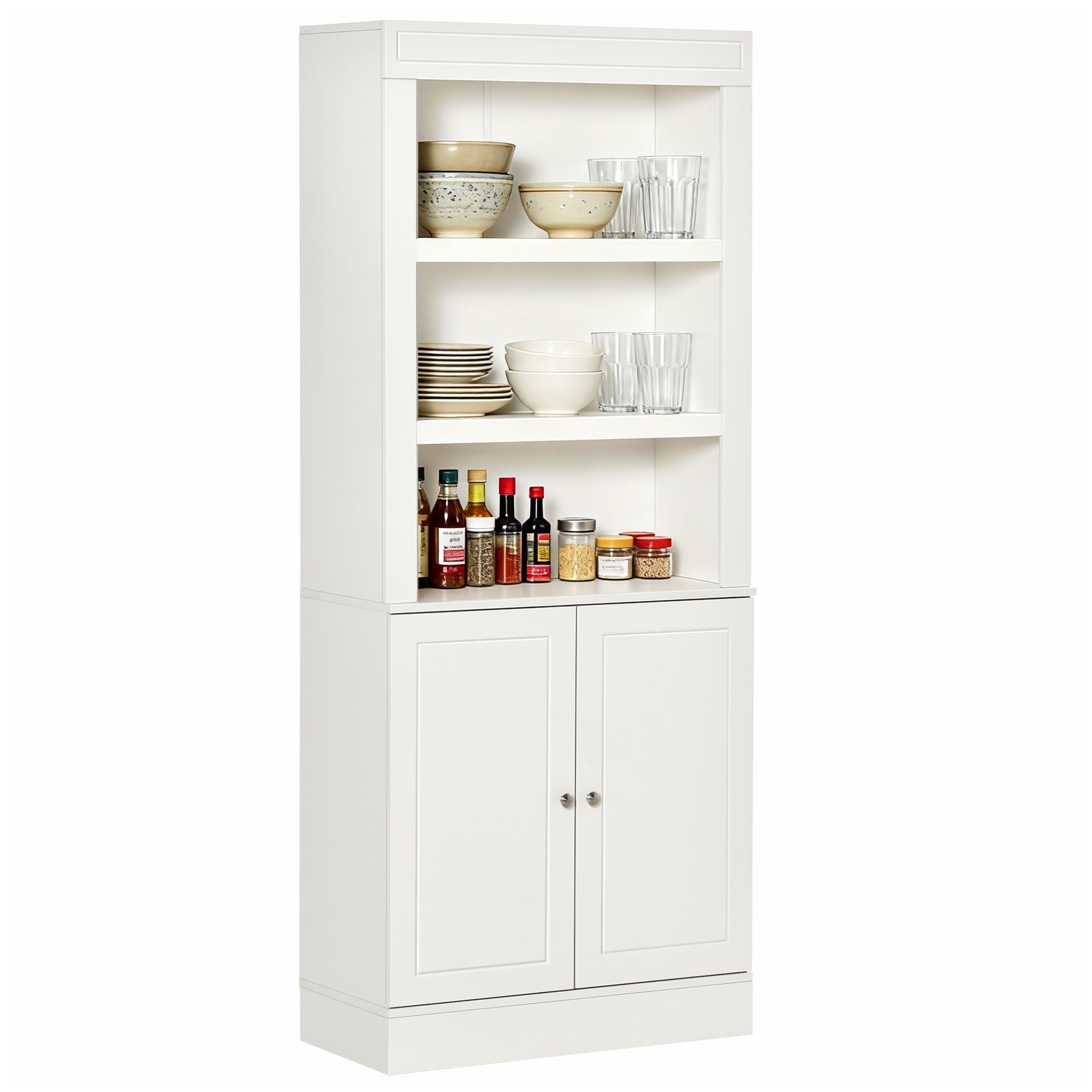 Kitchen Cupboard with 6-tier Shelving, Freestanding Storage Cabinet Sideboard, Pantry Cupboard with 3 Open Compartments and Double-door Cabinet with Adjustable Shelves, White