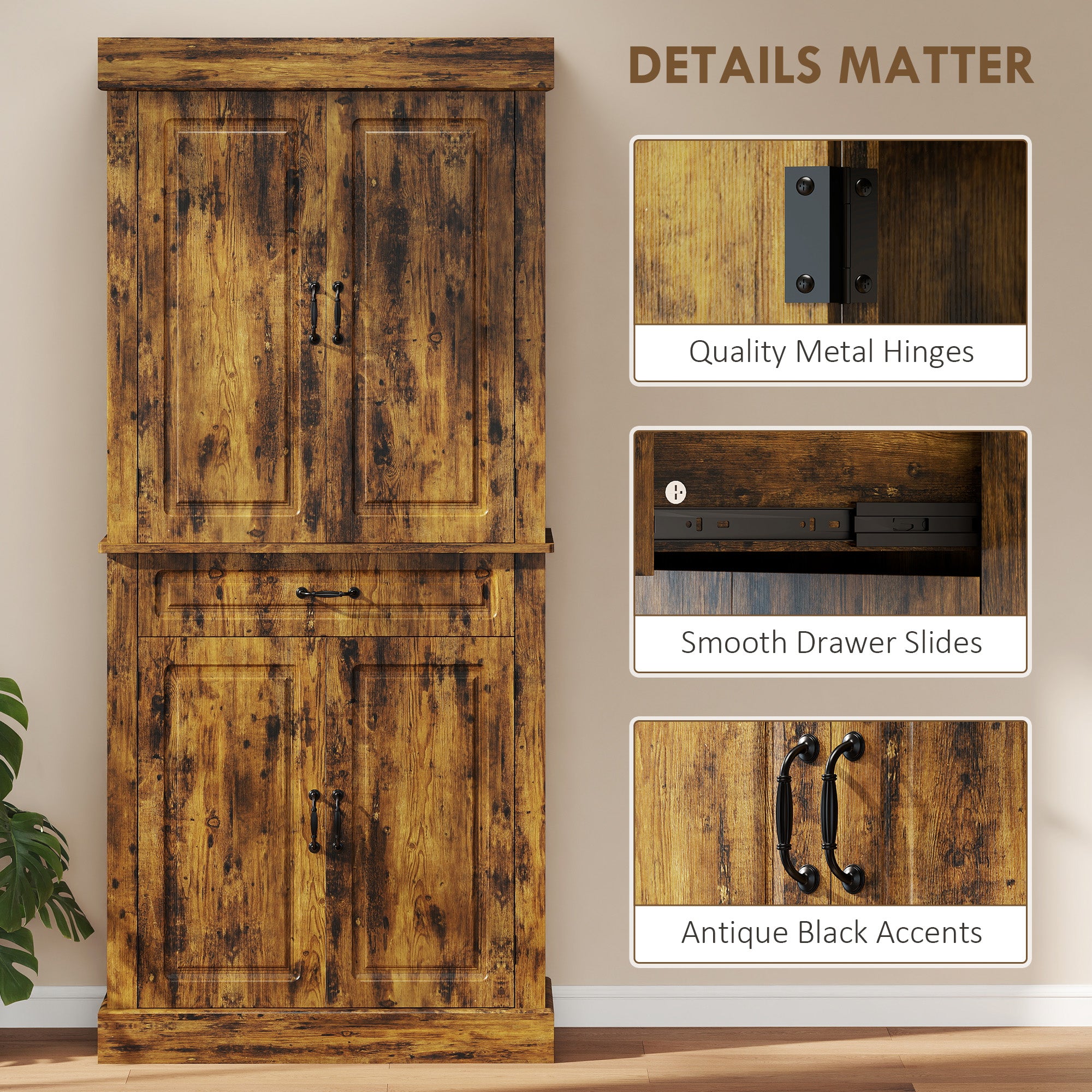 Kitchen Cupboard with 4 Doors, Freestanding Storage Cabinet with Wide Drawer and Shelves for Living Room, 180cm,Brown