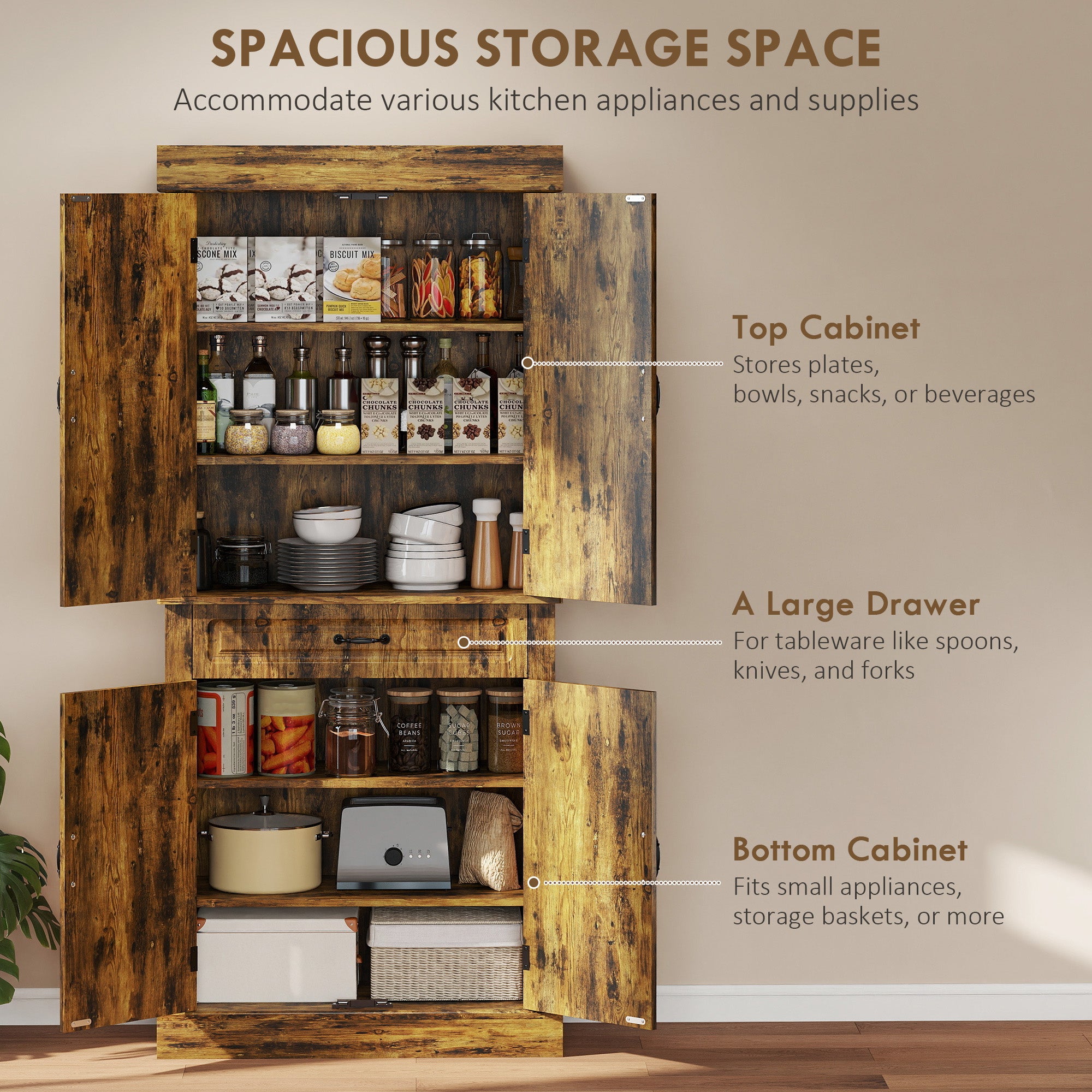 Kitchen Cupboard with 4 Doors, Freestanding Storage Cabinet with Wide Drawer and Shelves for Living Room, 180cm,Brown