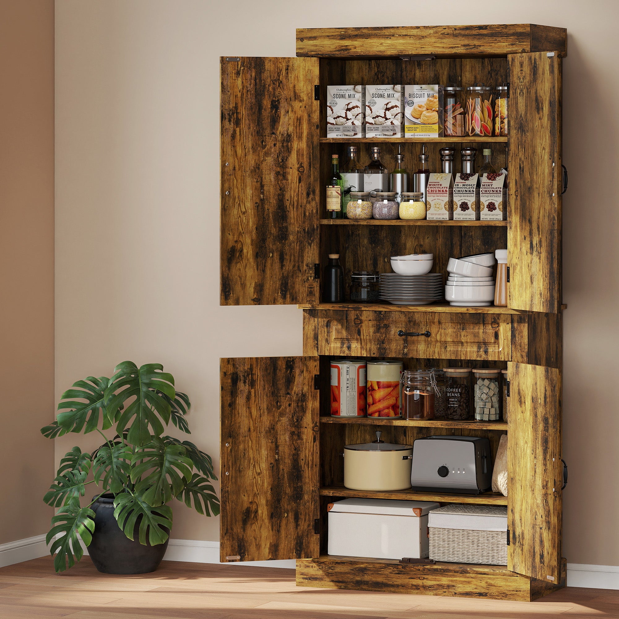Kitchen Cupboard with 4 Doors, Freestanding Storage Cabinet with Wide Drawer and Shelves for Living Room, 180cm,Brown