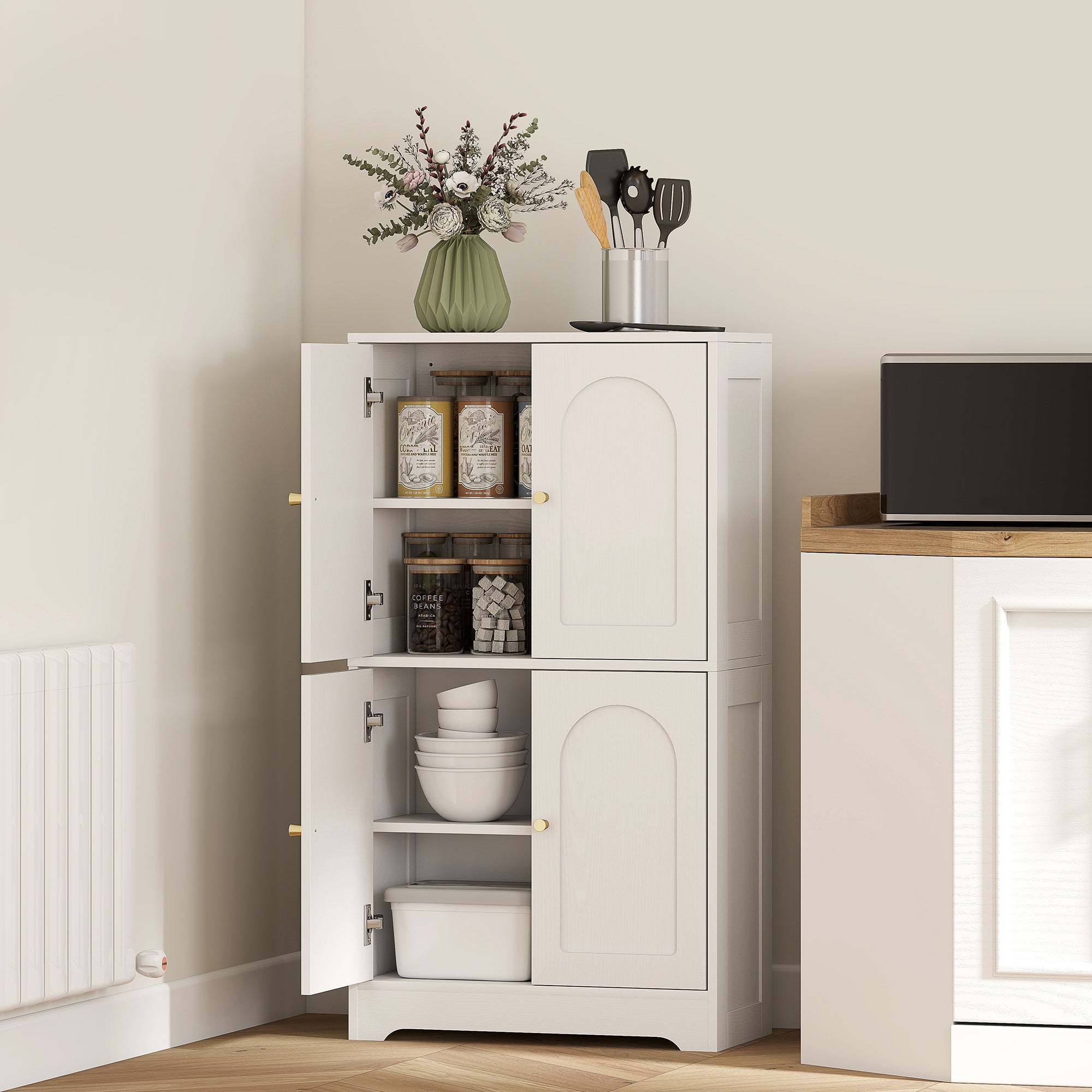 110cm Kitchen Cupboard, Freestanding Kitchen Storage Cabinet with 4 Arched Doors and 2 Adjustable Shelves, Modern Pantry Cupboard for Dining Room, White