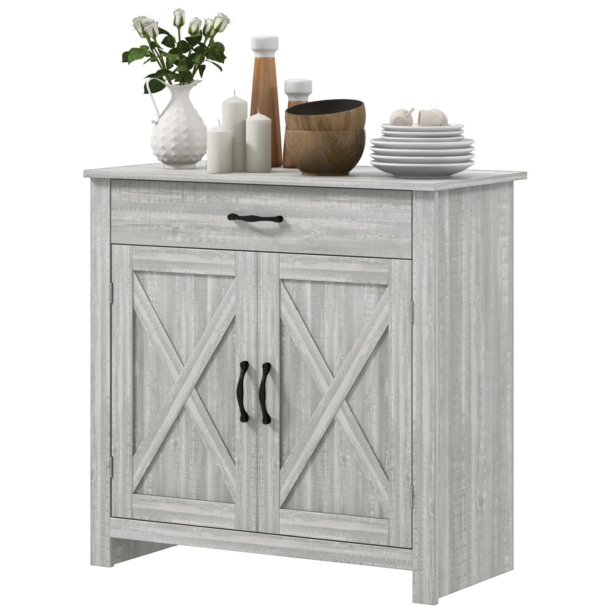 Farmhouse Sideboard Cabinet with Barn Doors Kitchen Buffet Cabinet with Drawer and Adjustable Shelf Stone Gray