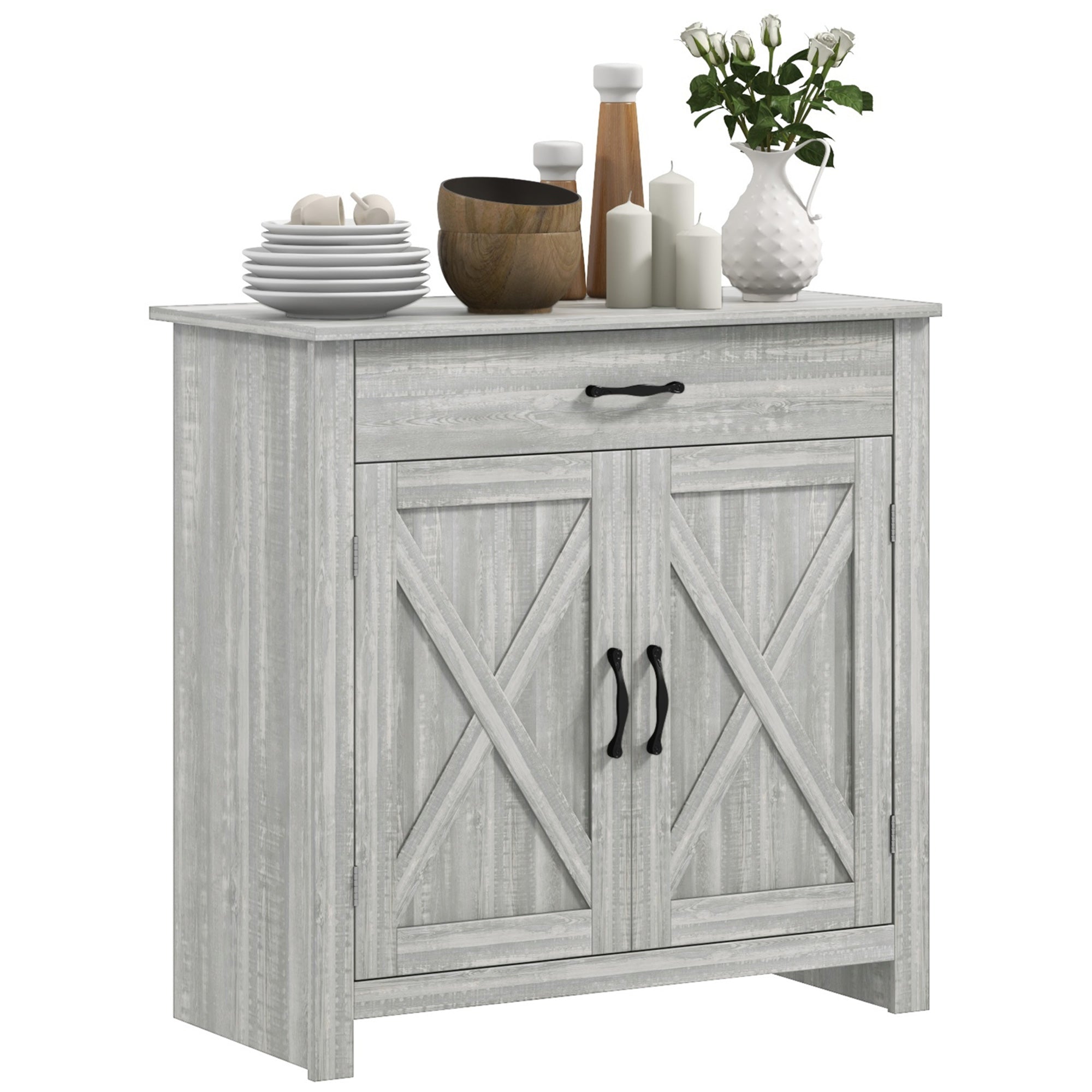 Farmhouse Sideboard Cabinet with Barn Doors Kitchen Buffet Cabinet with Drawer and Adjustable Shelf Stone Gray