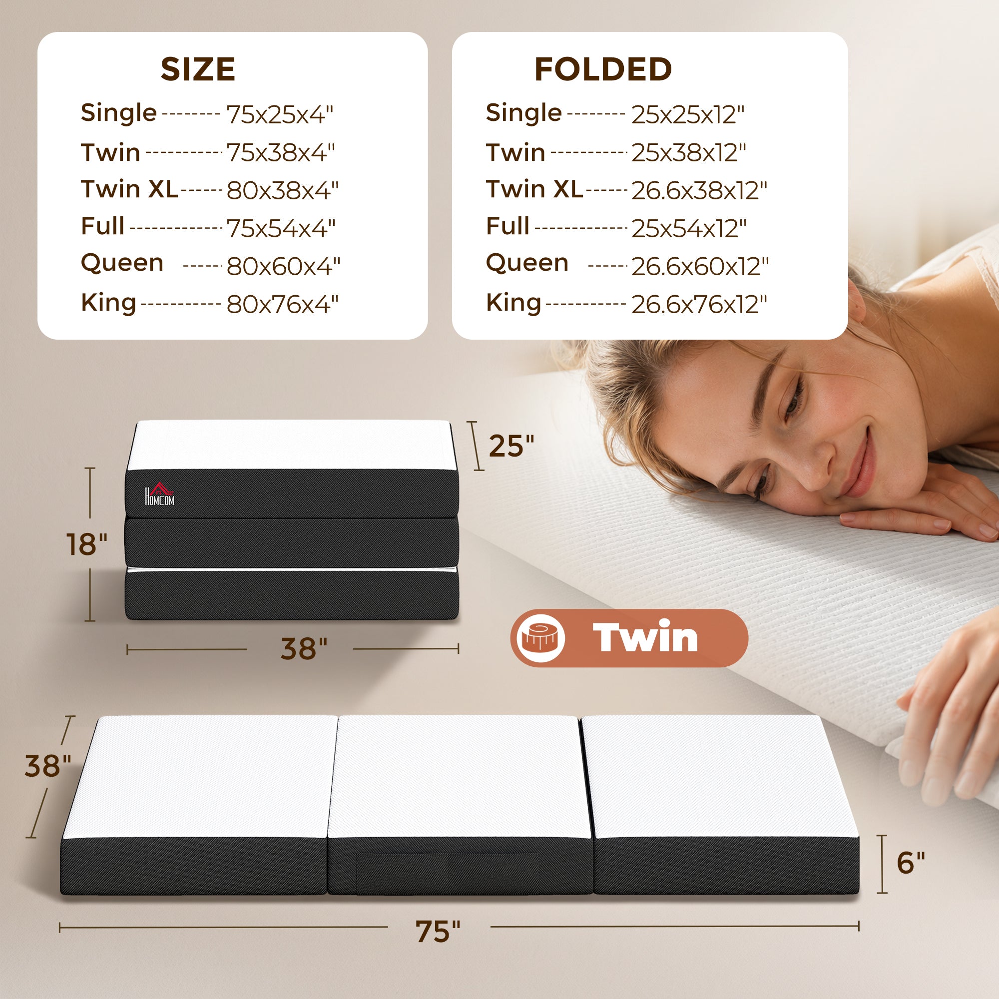 Trifold Mattress, 6 Inch Memory Foam Foldable Mattress, Twin Portable Folding Floor Bed with Washable Cover, Cooling Gel Topper for Guest, Camping, RV, Travel, Yoga, Made in USA, 75" x 38" x 6"
