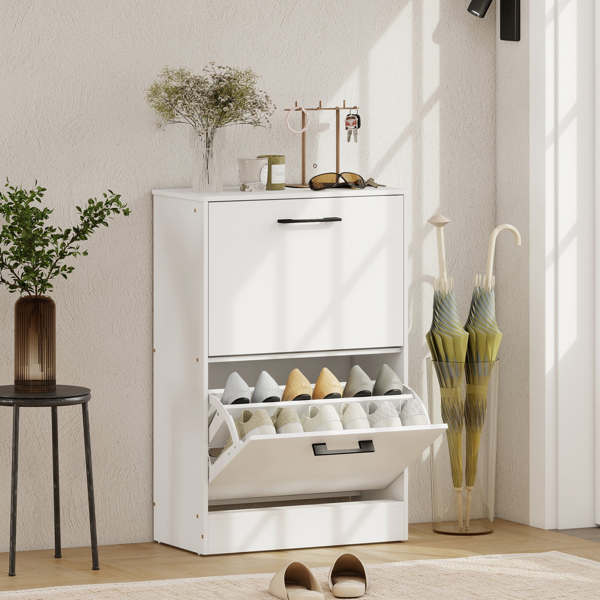 Shoe Cabinet with 2 Flip Drawers, Modern Narrow Shoe Storage Cabinet with Adjustable Dividers, Entryway Storage Unit for up to 12 Pairs for Hallway, Living Room, White