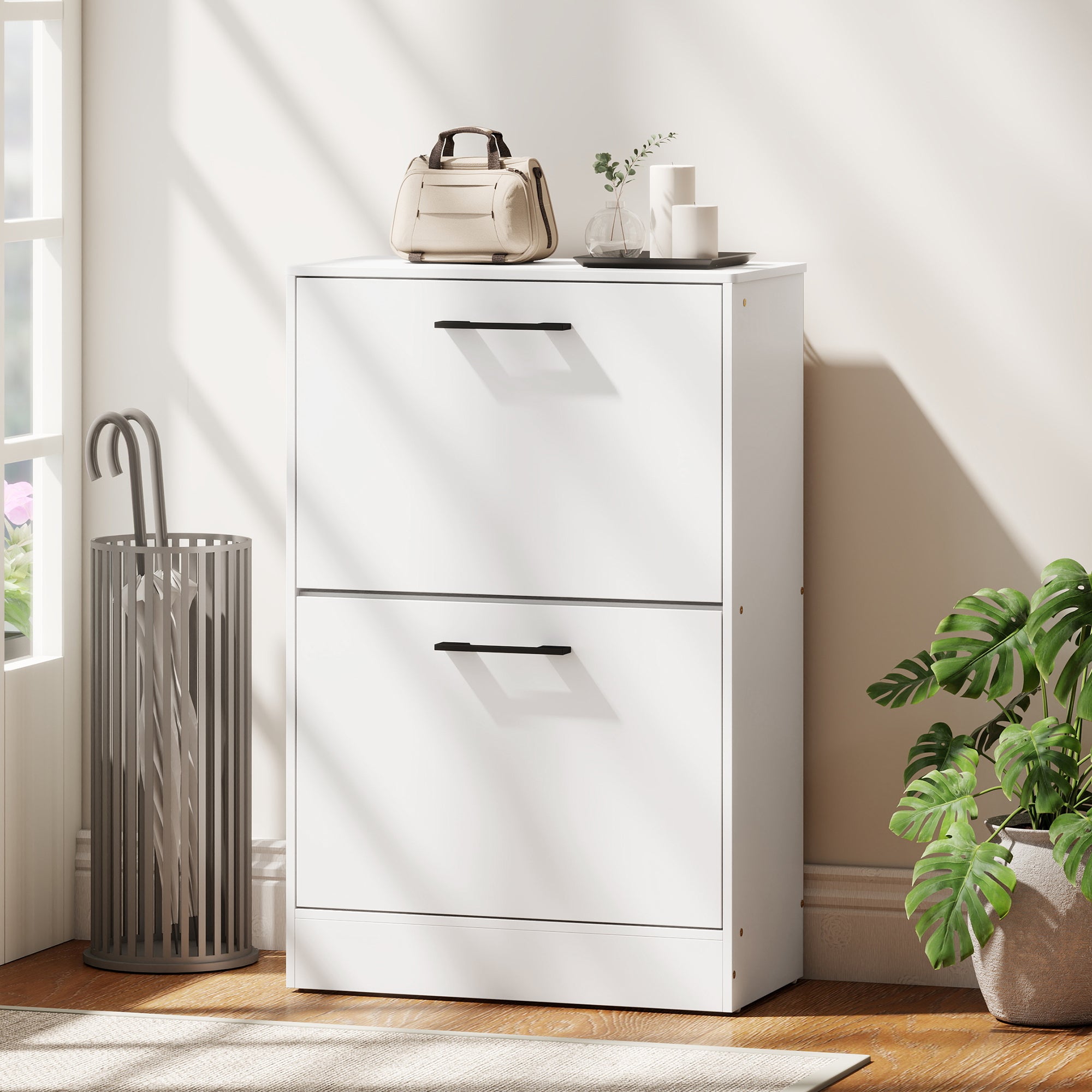 Shoe Cabinet with 2 Flip Drawers, Modern Narrow Shoe Storage Cabinet with Adjustable Dividers, Entryway Storage Unit for up to 12 Pairs for Hallway, Living Room, White