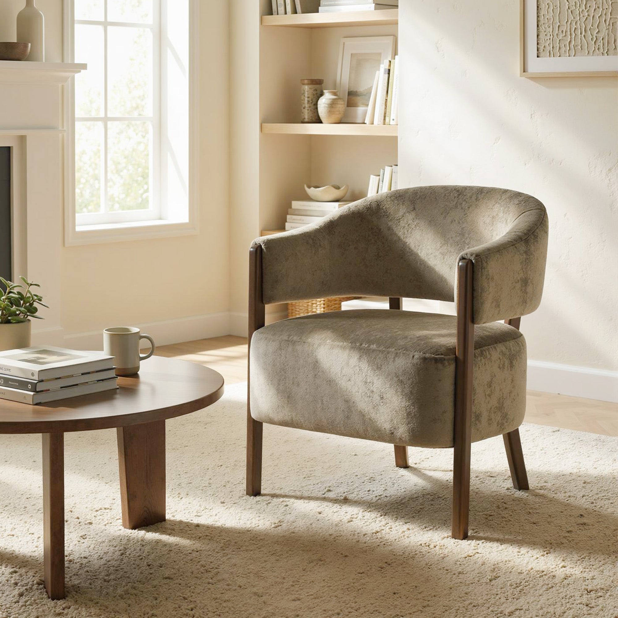 Accent Chair, Chenille Upholstered Tub Chair with Solid Wood Frame and Legs, Comfy Armchair for Living Room, Bedroom, Light Brown