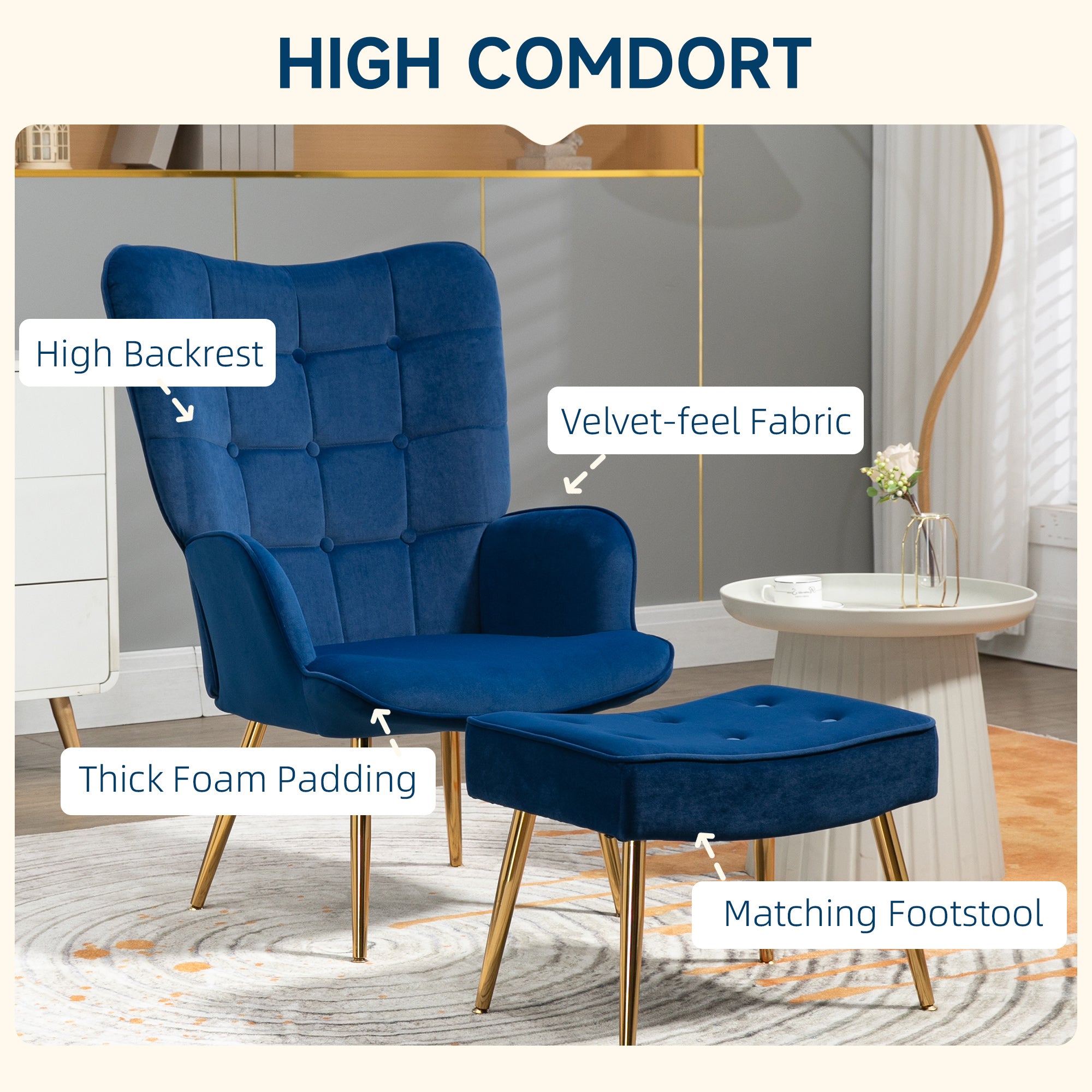 HOMCOM Modern Accent Chair with Ottoman, Upholstered Armchair with Footrest, Gold Metal Legs for Living Room, Bedroom, Dark Blue