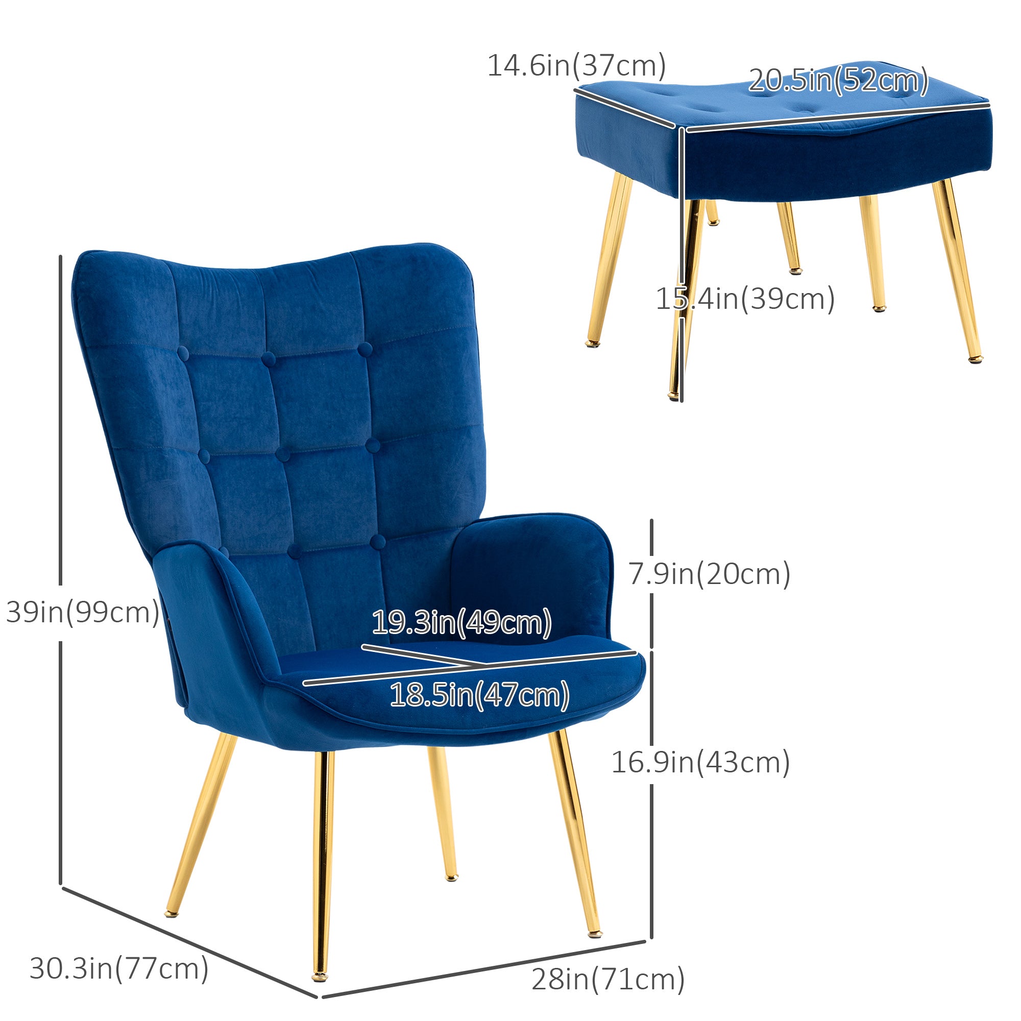 HOMCOM Modern Accent Chair with Ottoman, Upholstered Armchair with Footrest, Gold Metal Legs for Living Room, Bedroom, Dark Blue