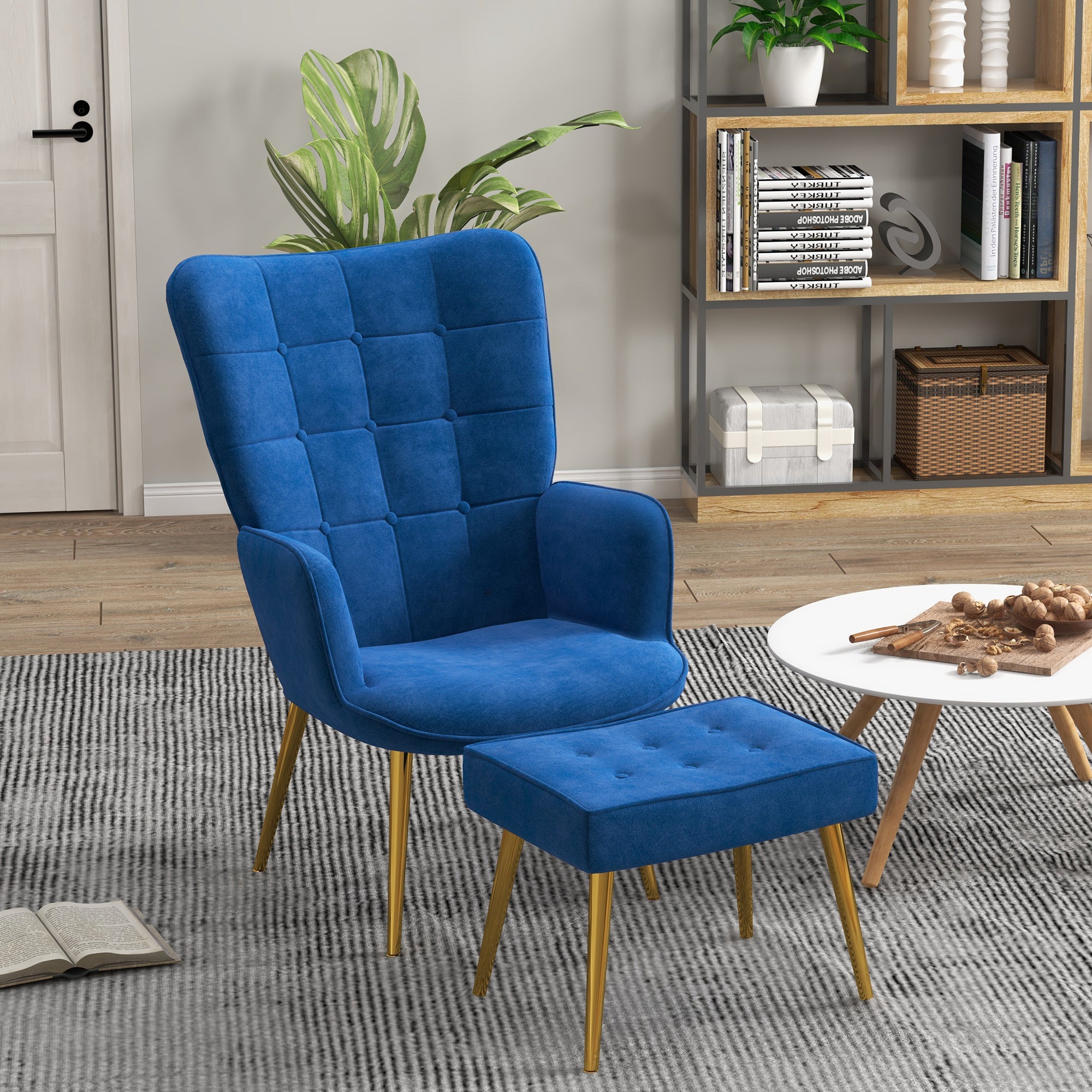 HOMCOM Modern Accent Chair with Ottoman, Upholstered Armchair with Footrest, Gold Metal Legs for Living Room, Bedroom, Dark Blue