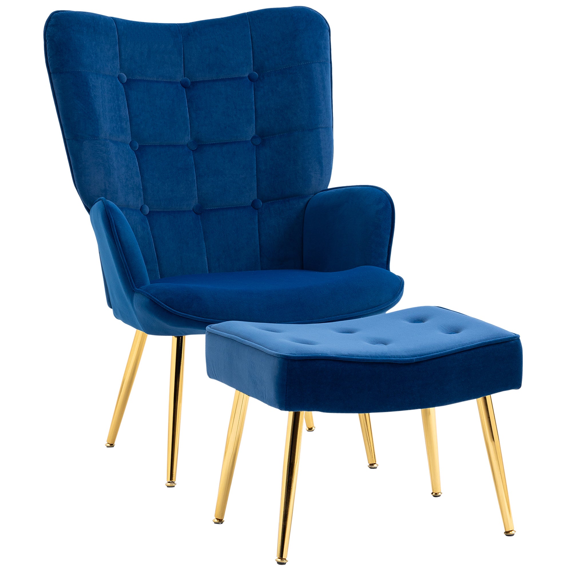 Modern Accent Chair with Ottoman Gold Metal Legs, Dark Blue