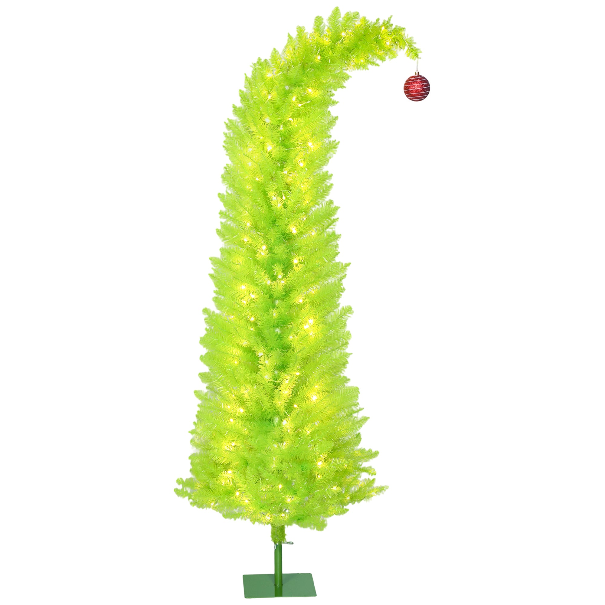 6 ft Whimsical Christmas Tree with Red Ball, Prelit Pencil Artificial Xmas Tree with 555 Branch Tips, 230 LED Lights, Metal Base, Holiday Decor for Home, Office, Green