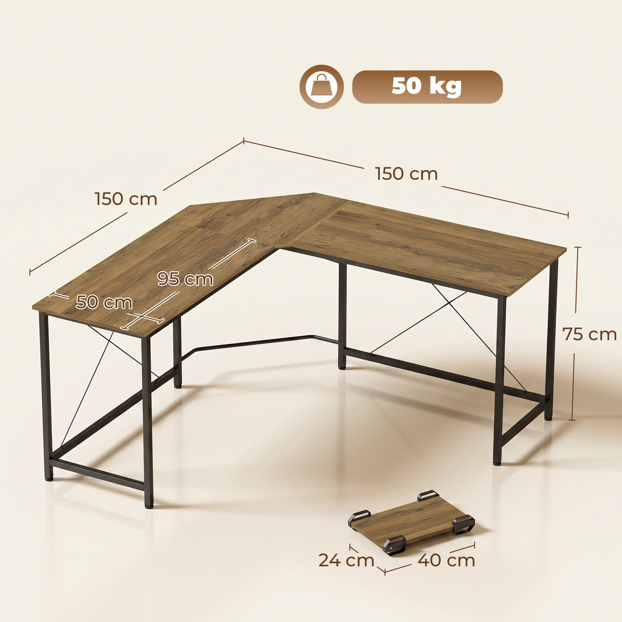 L-Shaped Desk, Gaming Desk, 150 x 150 x 75 cm, Corner Computer Desk for Study, Home Office, Bedroom, Grey Wood Effect