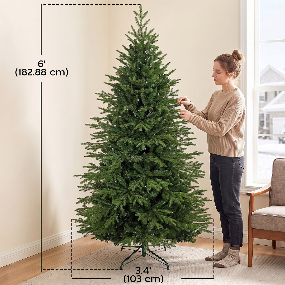 6ft Artificial Christmas Tree, Full Hinged Xmas Tree with 2081 PE & PVC Tips, Foldable Metal Base for Home Office Holiday Decoration, Green