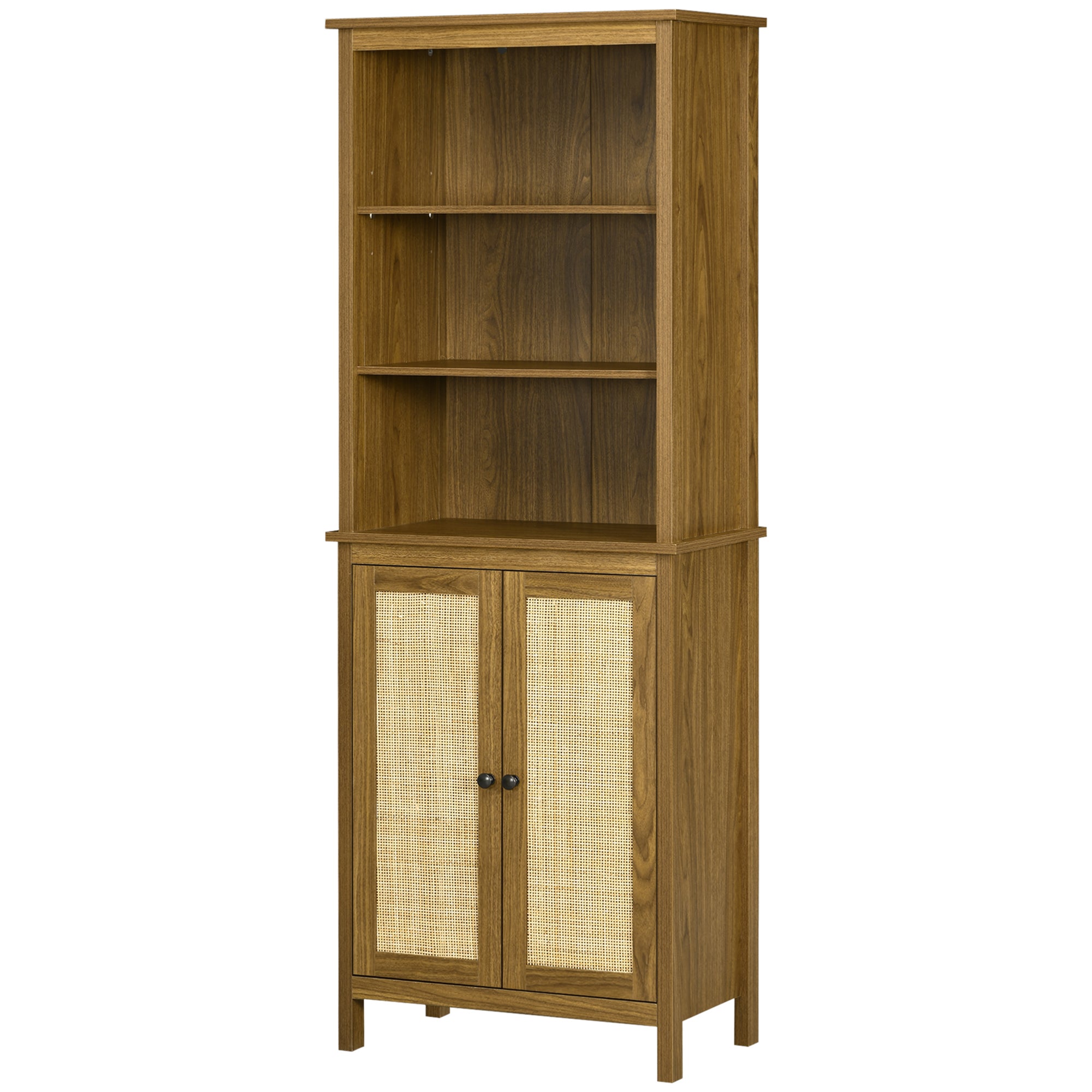 Rustic Bookshelf with Cabinet & Rattan Tall Library Bookcase with Doors and Shelves Walnut