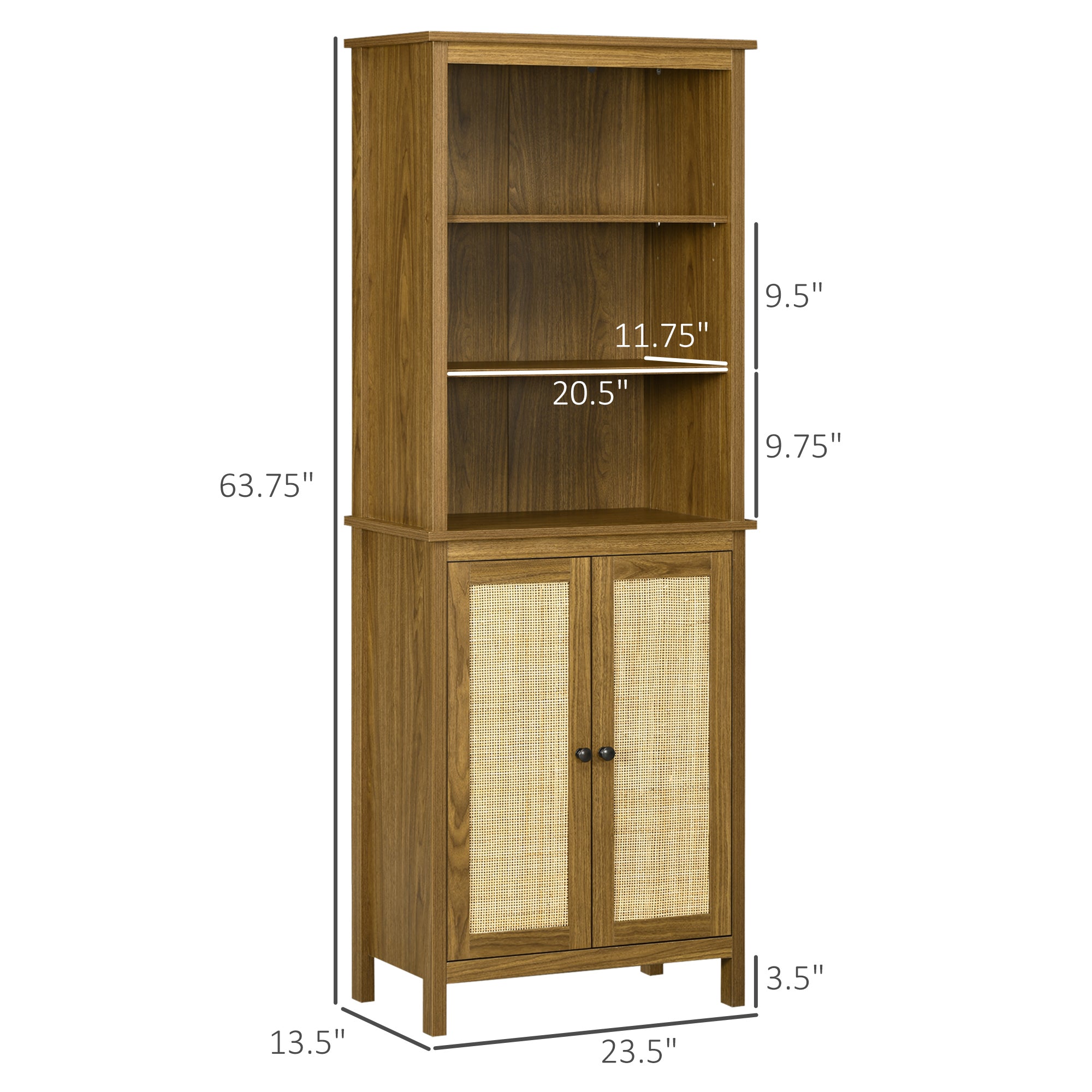 Rustic Bookshelf with Cabinet & Rattan Tall Library Bookcase with Doors and Shelves Walnut