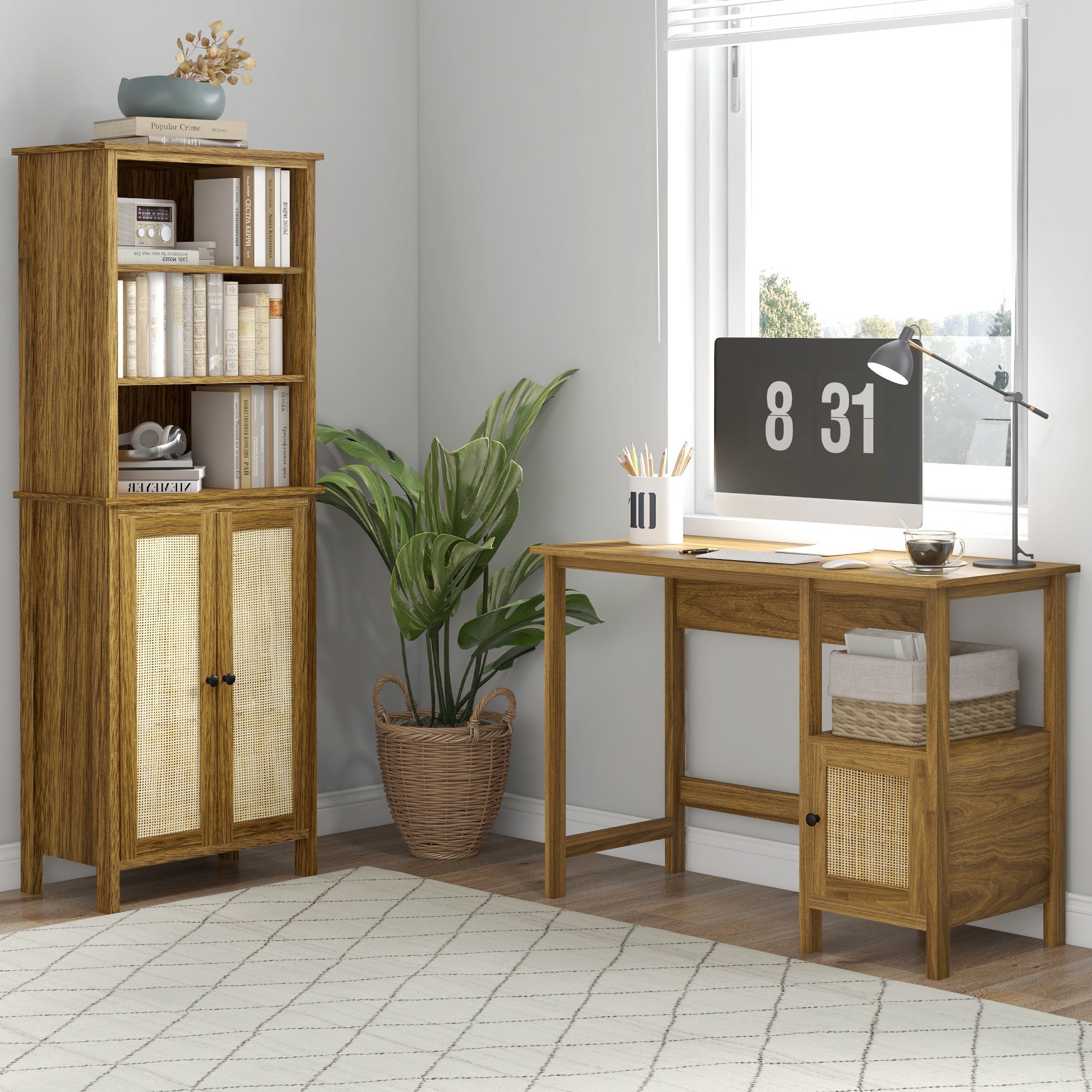 Rustic Bookshelf with Cabinet & Rattan Tall Library Bookcase with Doors and Shelves Walnut