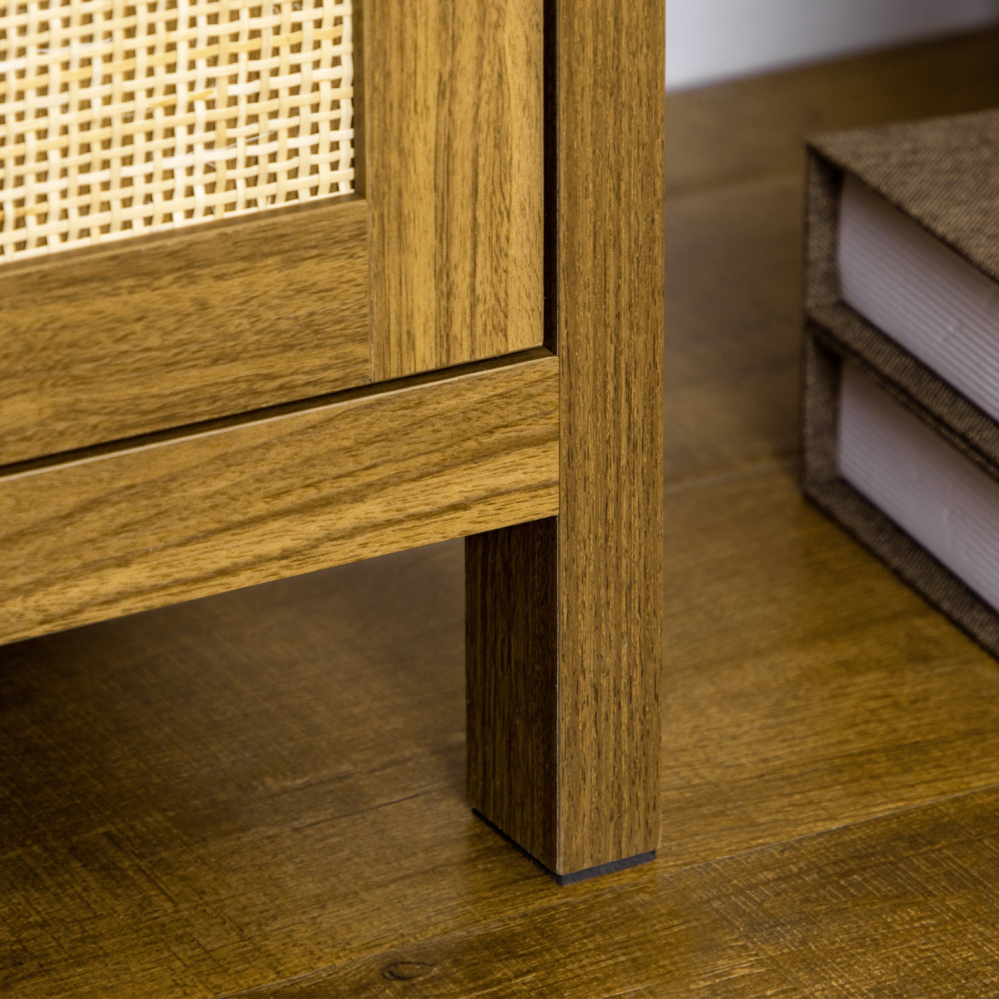 Rustic Bookshelf with Cabinet & Rattan Tall Library Bookcase with Doors and Shelves Walnut