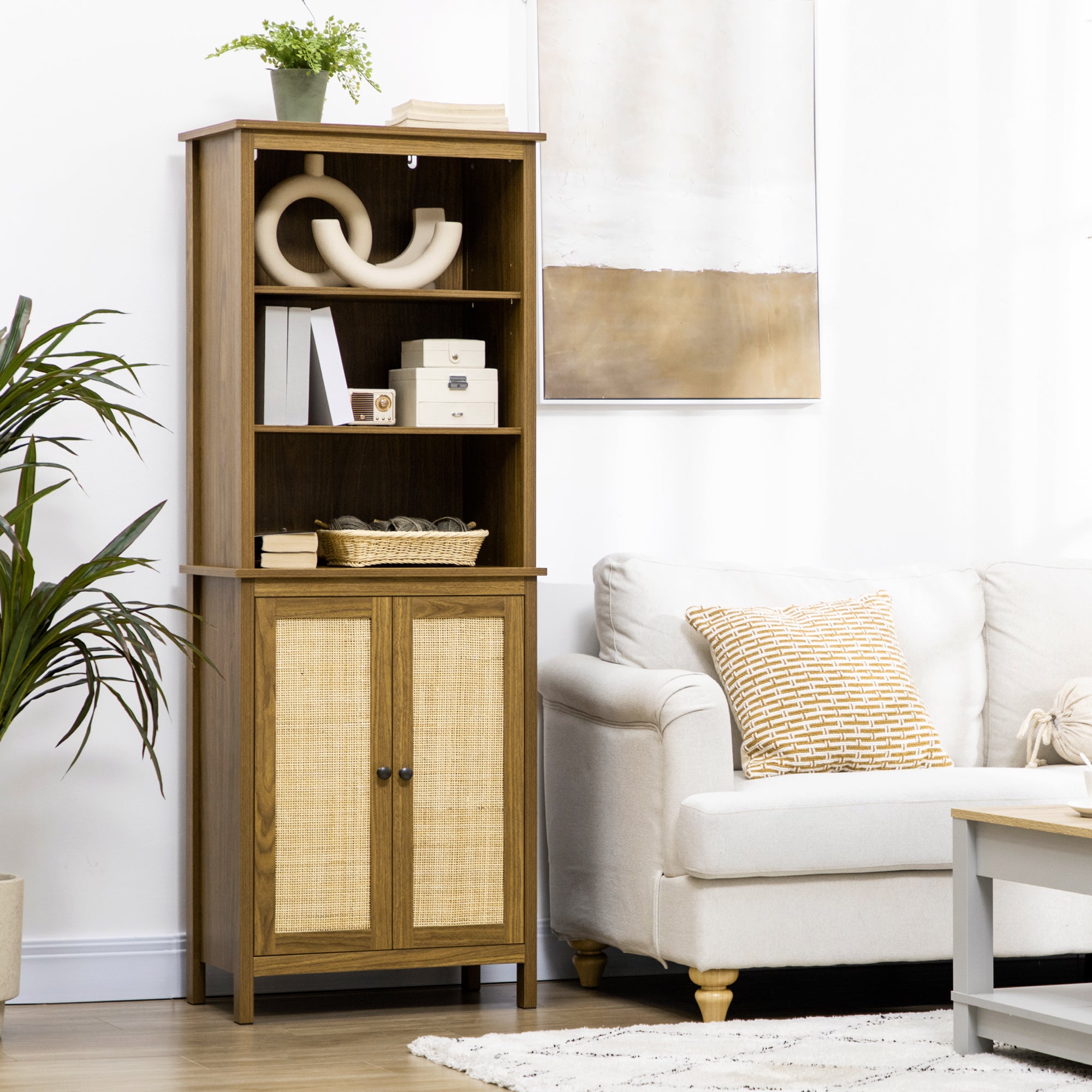 Rustic Bookshelf with Cabinet & Rattan Tall Library Bookcase with Doors and Shelves Walnut