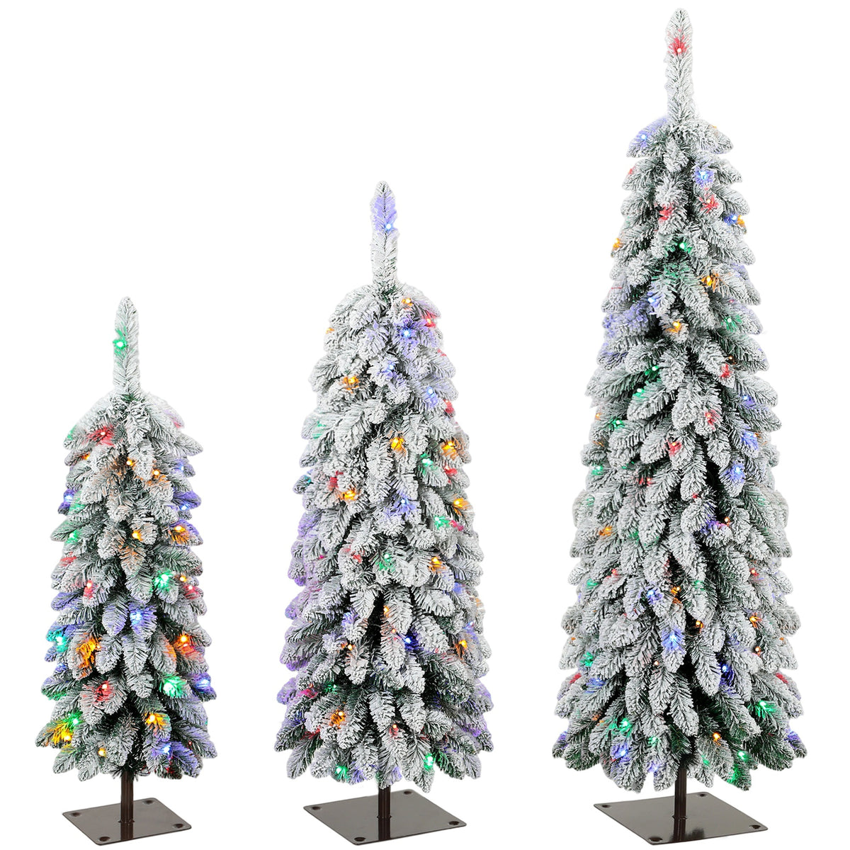 Artificial Christmas Tree Set of 3, Snowy Pre-Lit Christmas Trees with PVC Branch Tips and Multicolour LED Lights, Slim Pencil Xmas Decorations, 90/120/150 cm, Green White