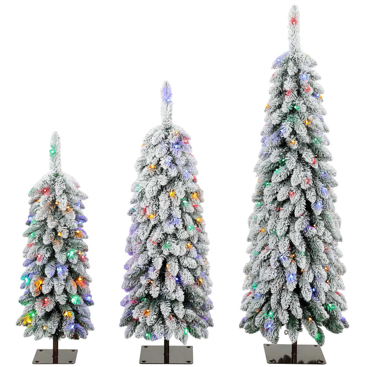 Artificial Christmas Tree Set of 3, Snowy Pre-Lit Christmas Trees with PVC Branch Tips and Multicolour LED Lights, Slim Pencil Xmas Decorations, 90/120/150 cm, Green White