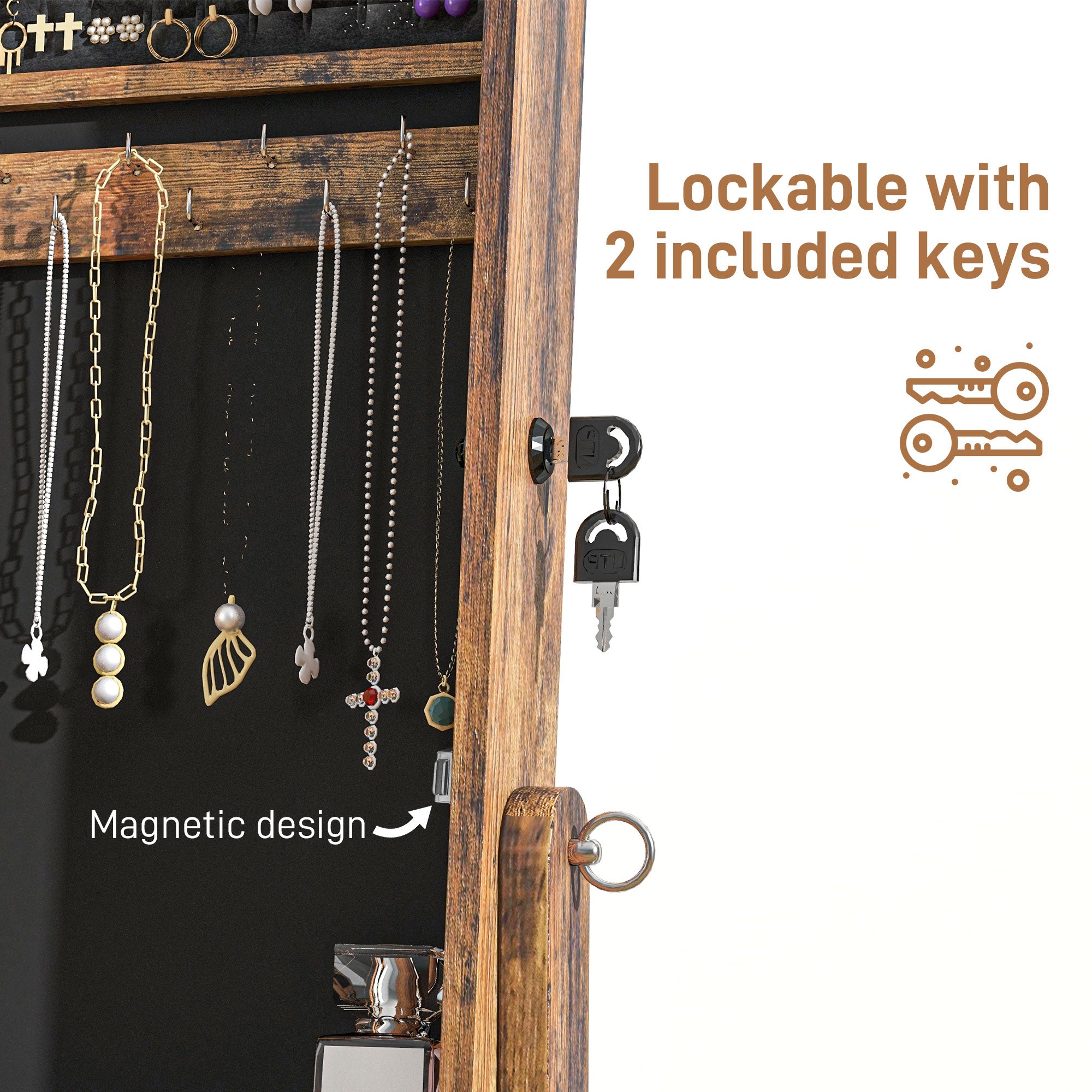 HOMCOM Jewelry Cabinet Floor Standing, Lockable Jewelry Organizer with Full-Length Mirror, 3 Angle Adjustable, Rustic Brown