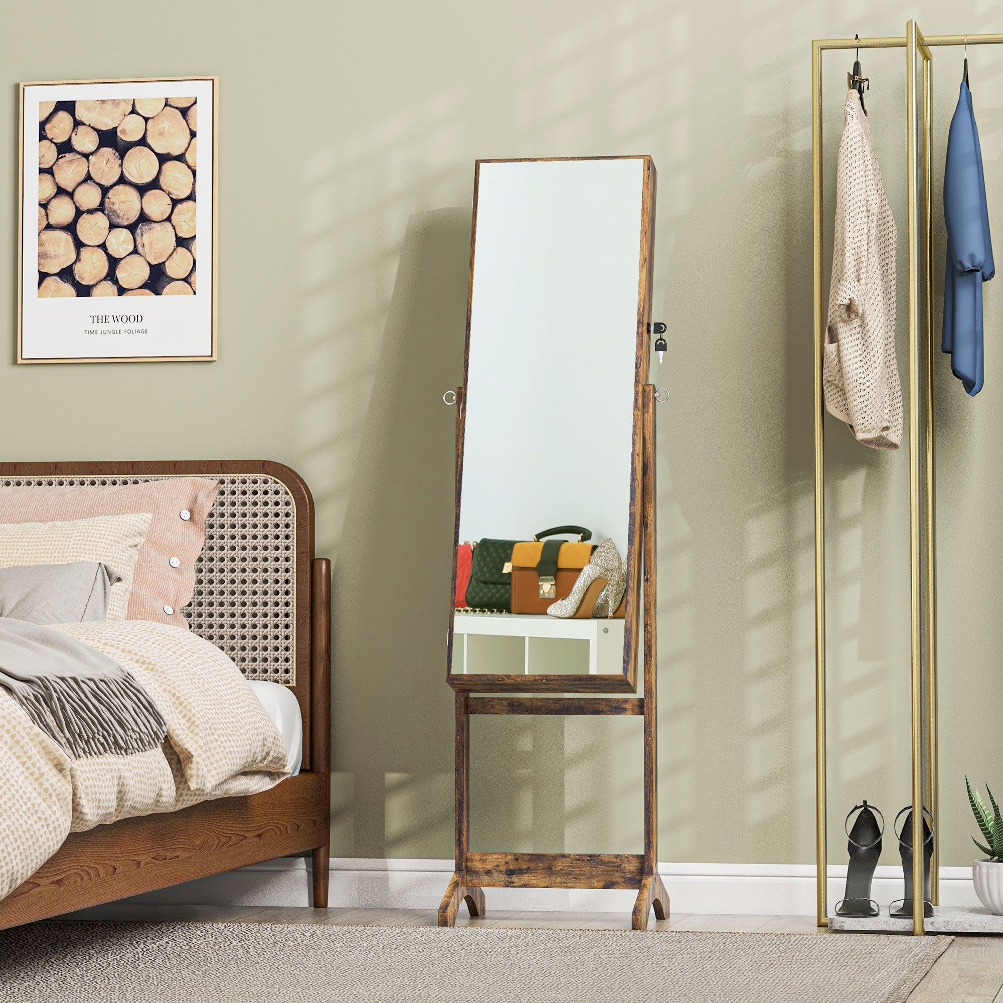 HOMCOM Jewelry Cabinet Floor Standing, Lockable Jewelry Organizer with Full-Length Mirror, 3 Angle Adjustable, Rustic Brown