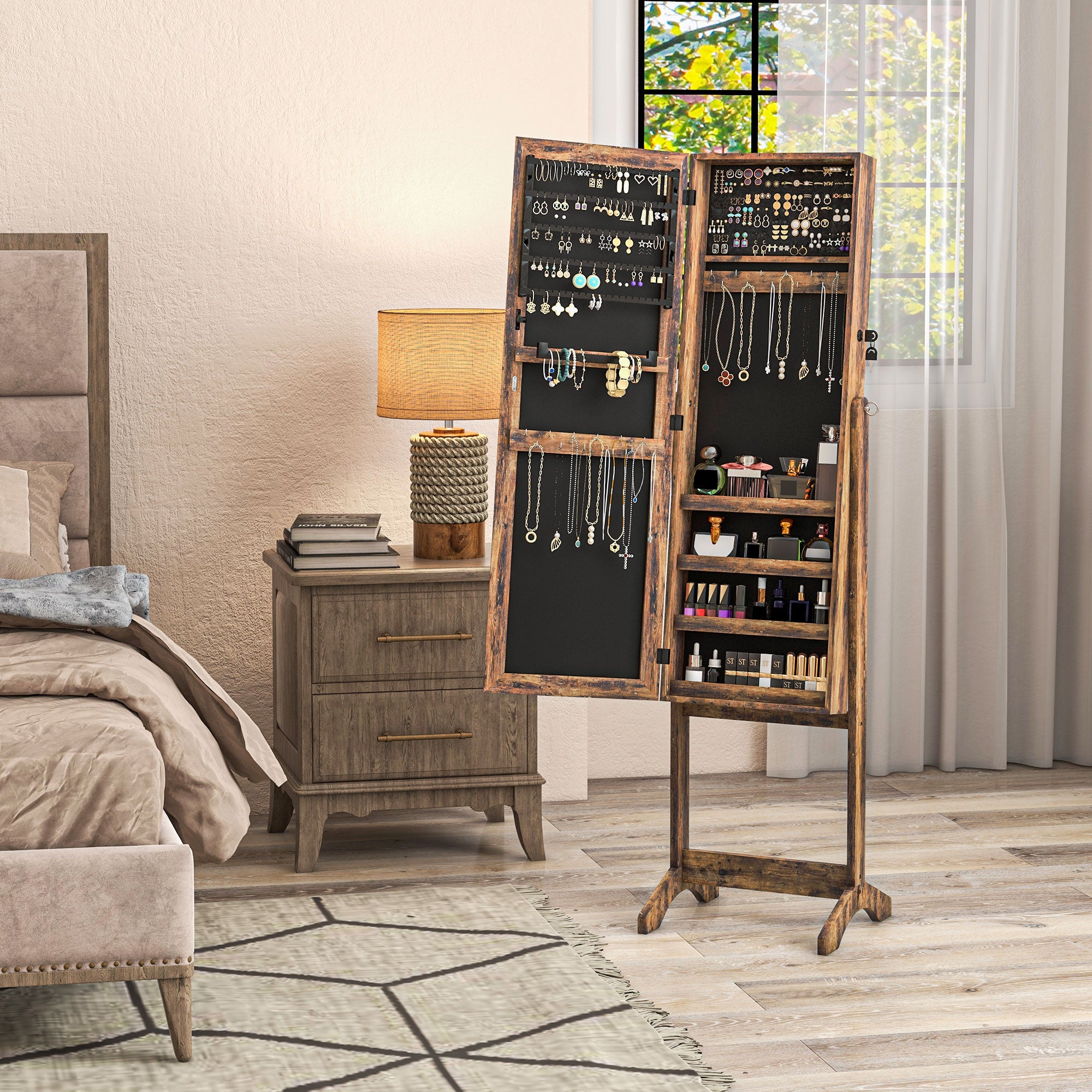 HOMCOM Jewelry Cabinet Floor Standing, Lockable Jewelry Organizer with Full-Length Mirror, 3 Angle Adjustable, Rustic Brown