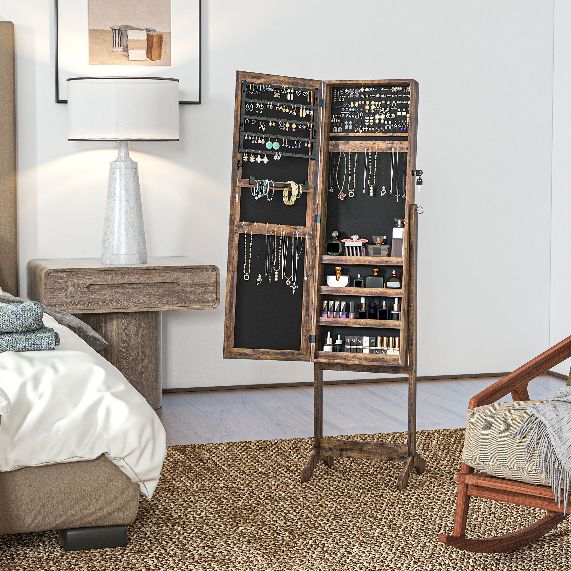 HOMCOM Jewelry Cabinet Floor Standing, Lockable Jewelry Organizer with Full-Length Mirror, 3 Angle Adjustable, Rustic Brown