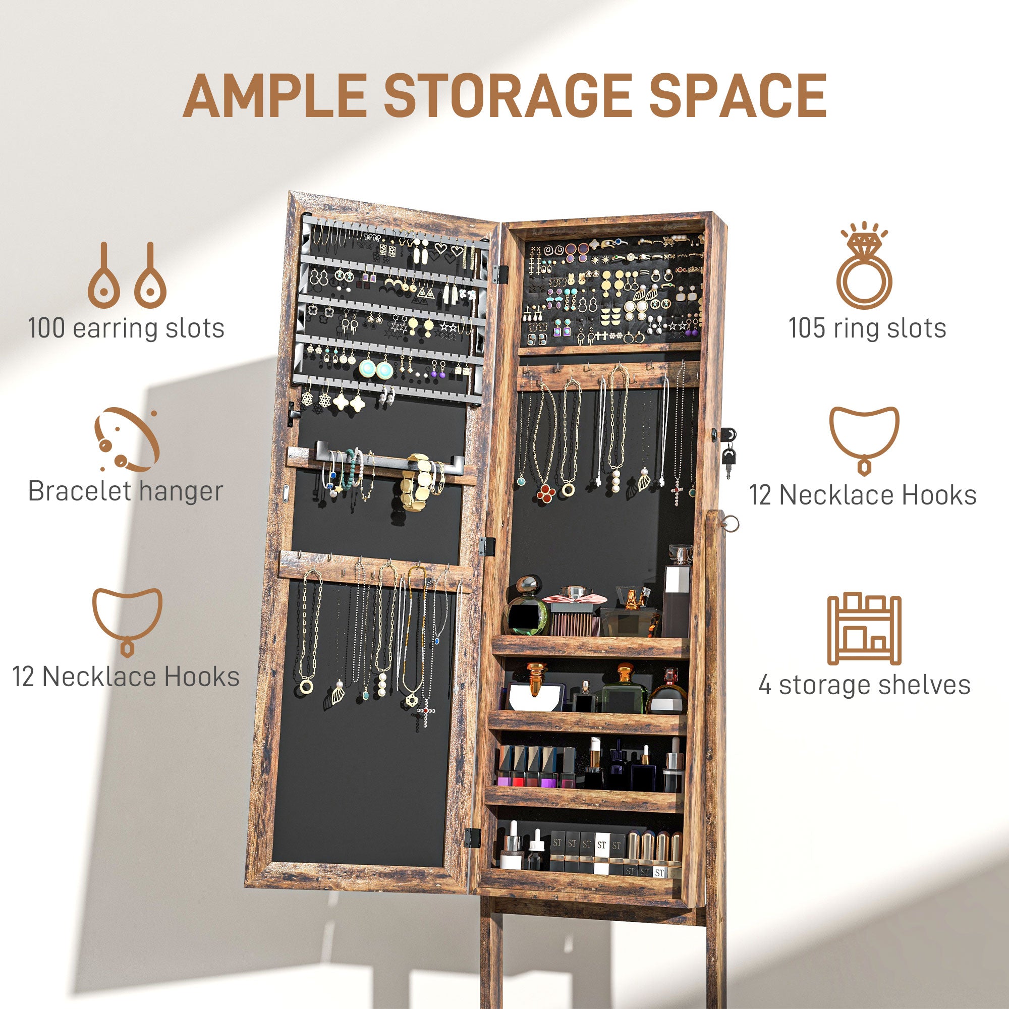 HOMCOM Jewelry Cabinet Floor Standing, Lockable Jewelry Organizer with Full-Length Mirror, 3 Angle Adjustable, Rustic Brown