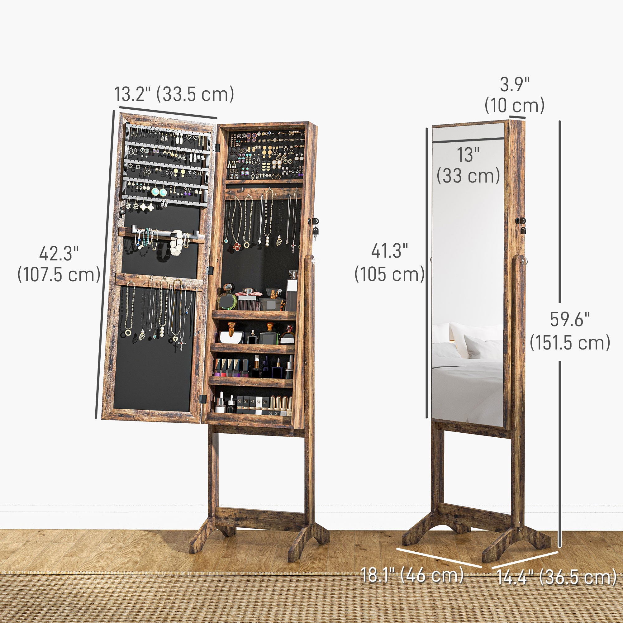 HOMCOM Jewelry Cabinet Floor Standing, Lockable Jewelry Organizer with Full-Length Mirror, 3 Angle Adjustable, Rustic Brown