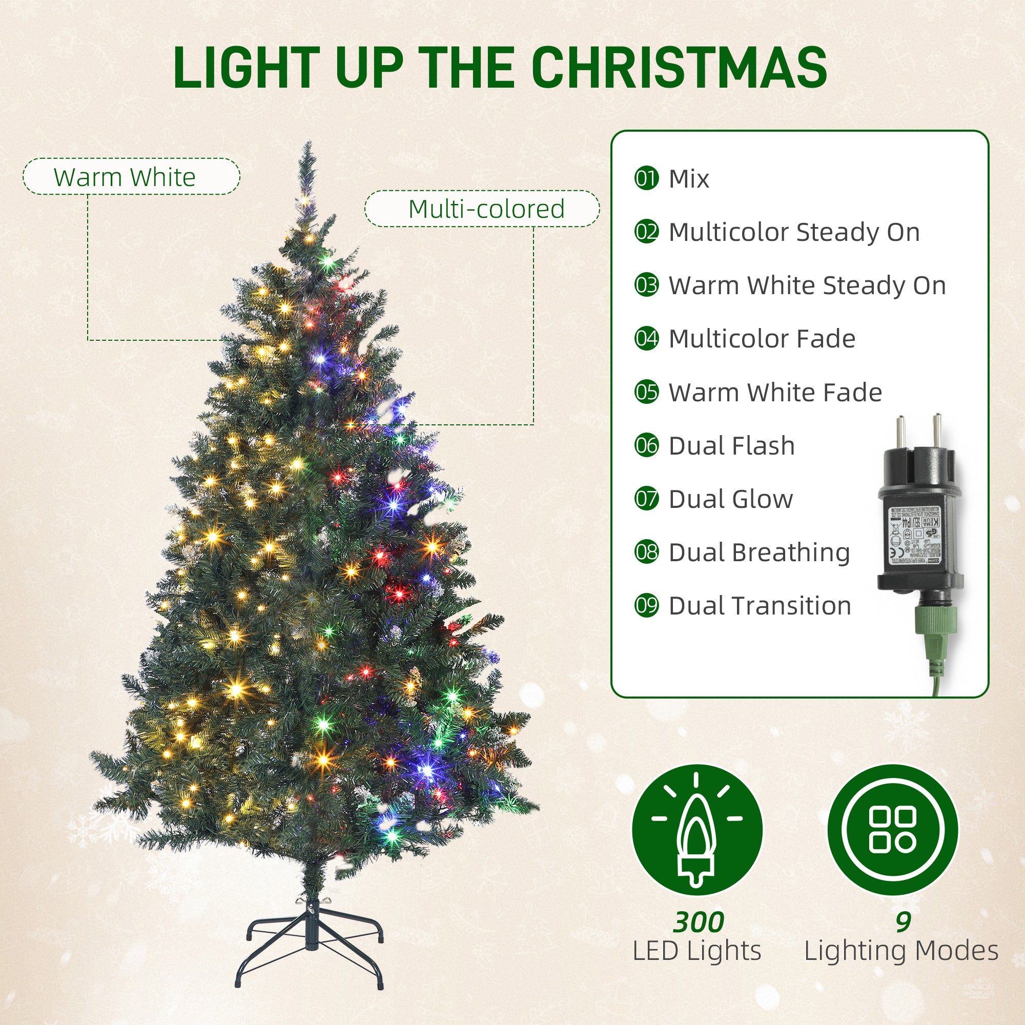 6 ft Prelit Frosted Christmas Tree, Full Spruce Holiday Decor with Dual Colour LED Light, Dense Branches, 9 Light Modes, Hinged Xmas Tree with Metal Stand, Easy Assembly