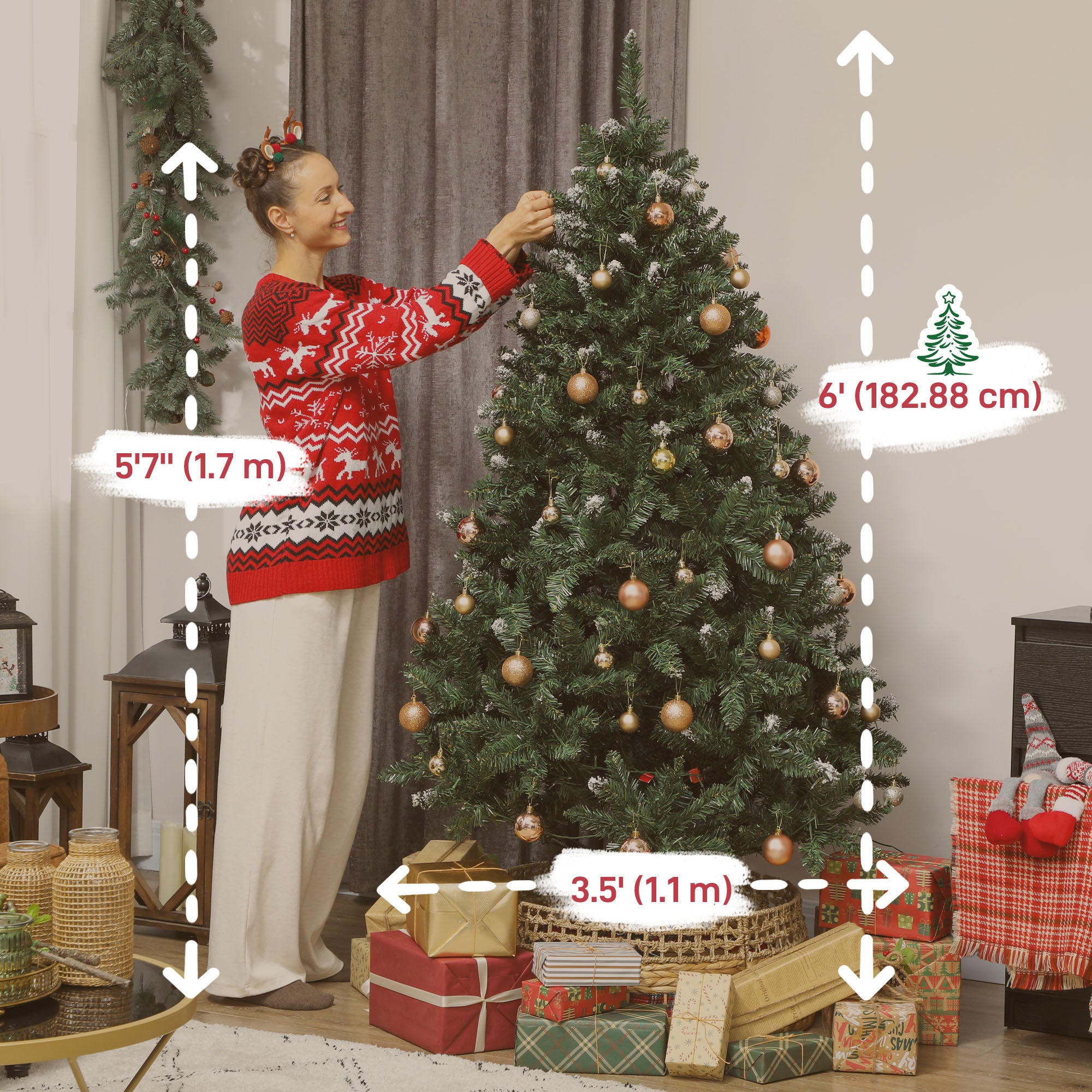 6 ft Prelit Frosted Christmas Tree, Full Spruce Holiday Decor with Dual Colour LED Light, Dense Branches, 9 Light Modes, Hinged Xmas Tree with Metal Stand, Easy Assembly