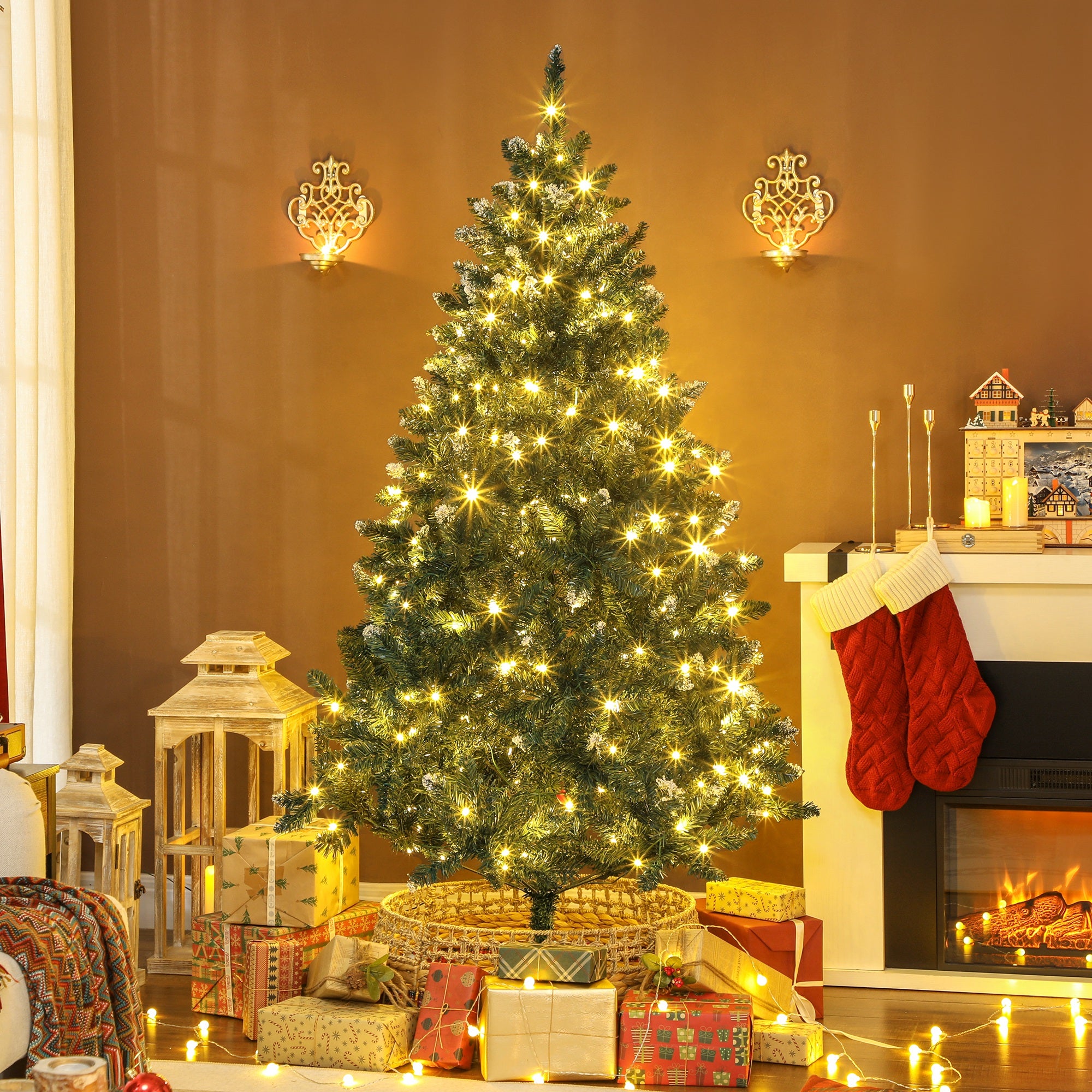 6 ft Prelit Frosted Christmas Tree, Full Spruce Holiday Decor with Dual Colour LED Light, Dense Branches, 9 Light Modes, Hinged Xmas Tree with Metal Stand, Easy Assembly