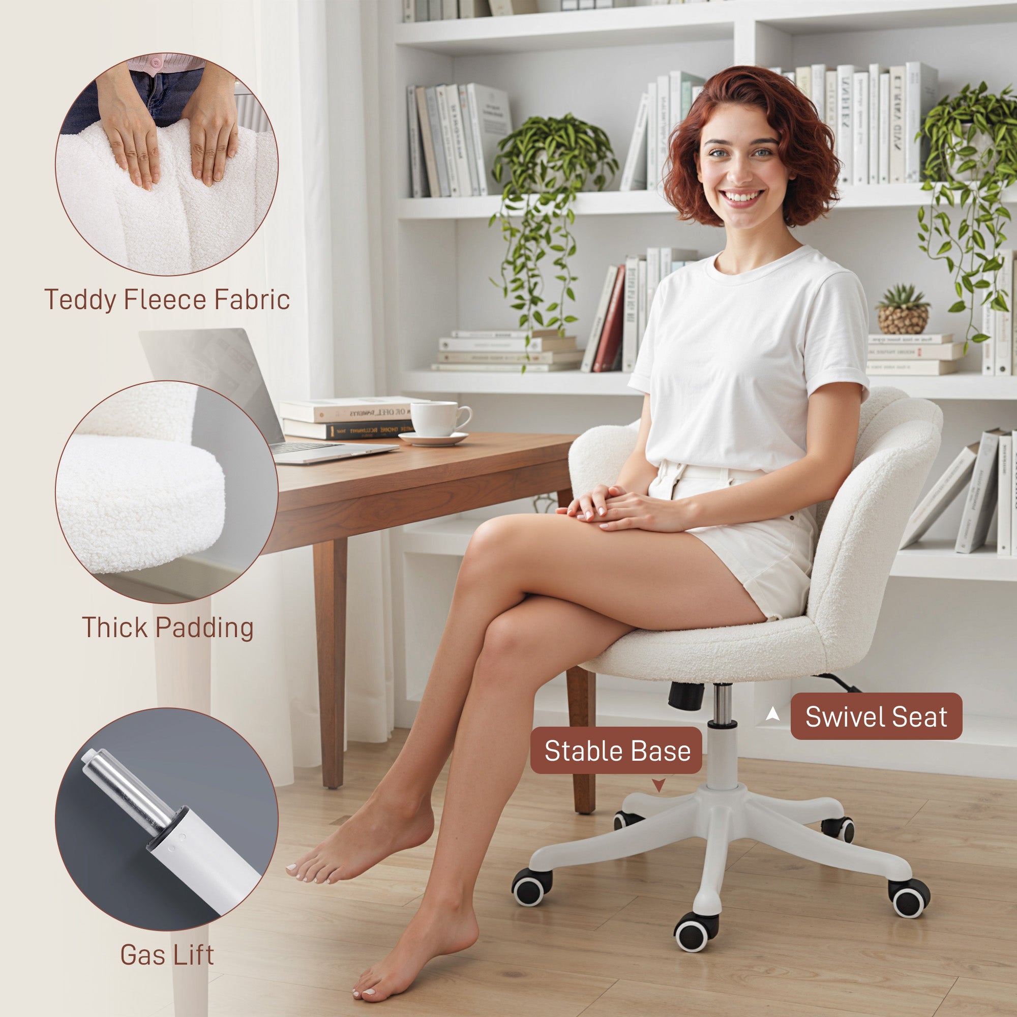 Teddy Fleece Office Chair, Armless Swivel Desk Chair with Adjustable Height, Backrest, Wheels, Padded Seat, Tilt Function for Office, Vanity, Computer, Study, Cream White
