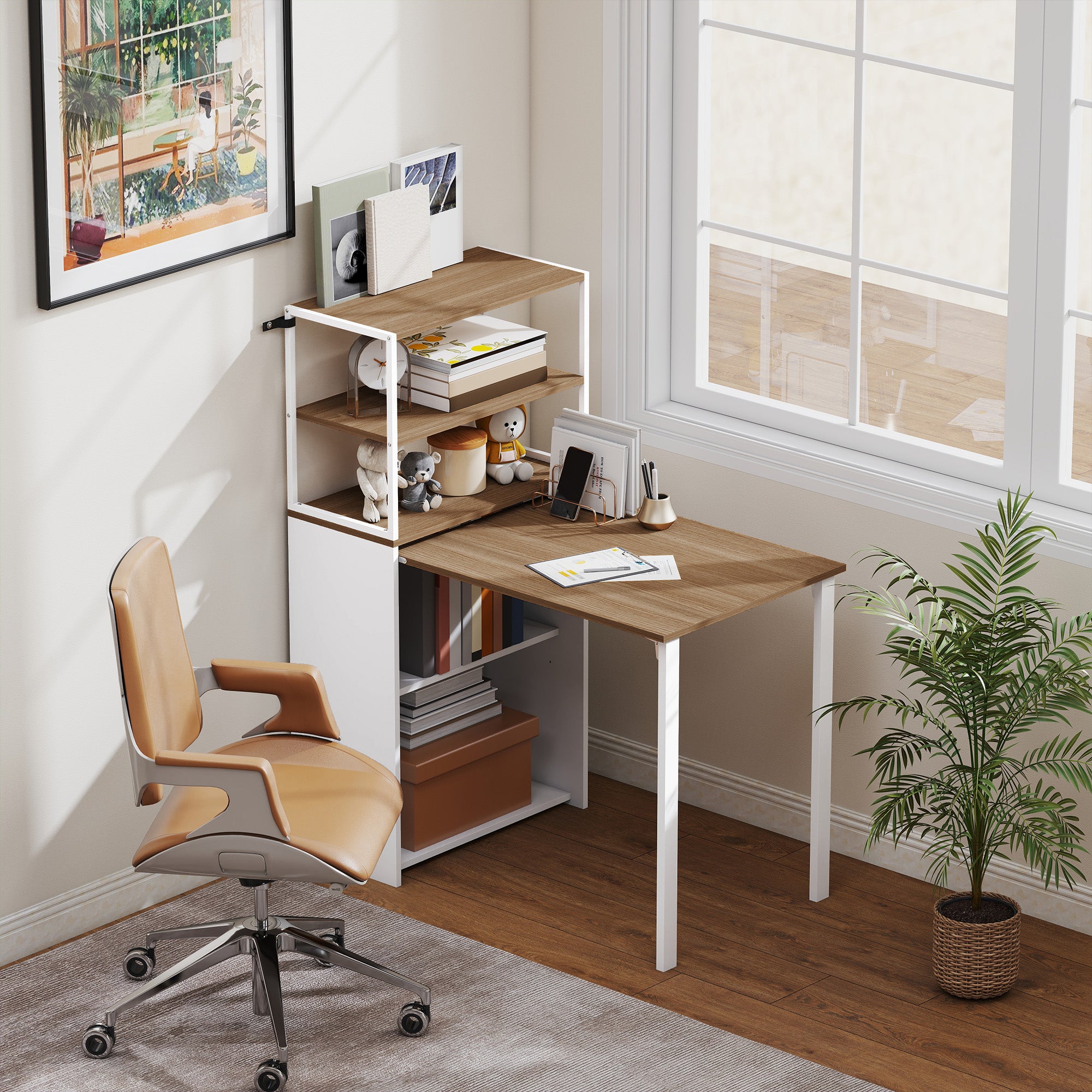 Folding Computer Desk with 4-Tier Bookshelf, Space-Saving Multifunctional Small Office Desk, 2-in-1 Compact Industrial Study Table with Metal Frame for Small Spaces, Home Office, Natural