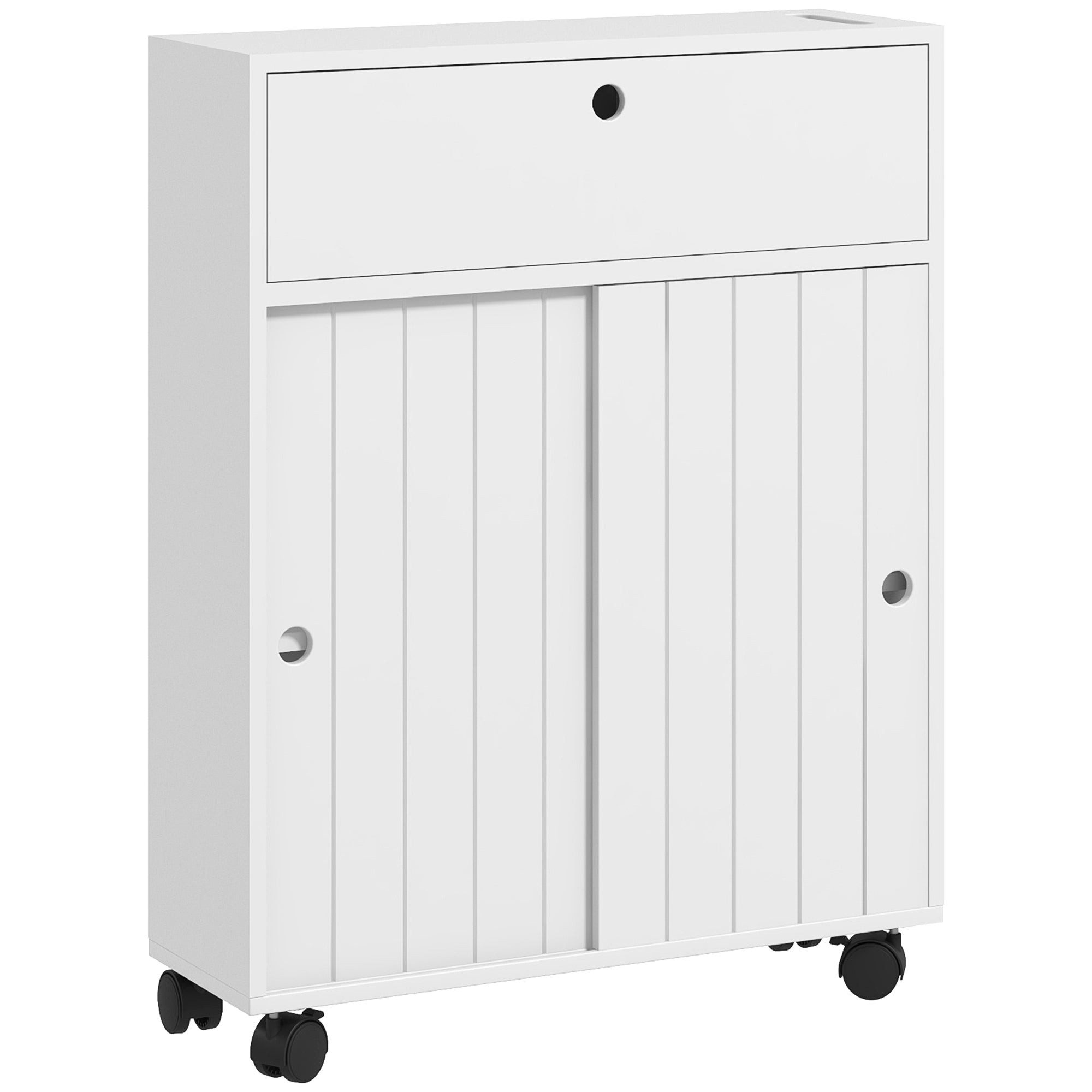 Slim Bathroom Cabinet, Modern Narrow Bathroom Storage Cabinet with 4 Rolling Wheels and Paper Holes, White