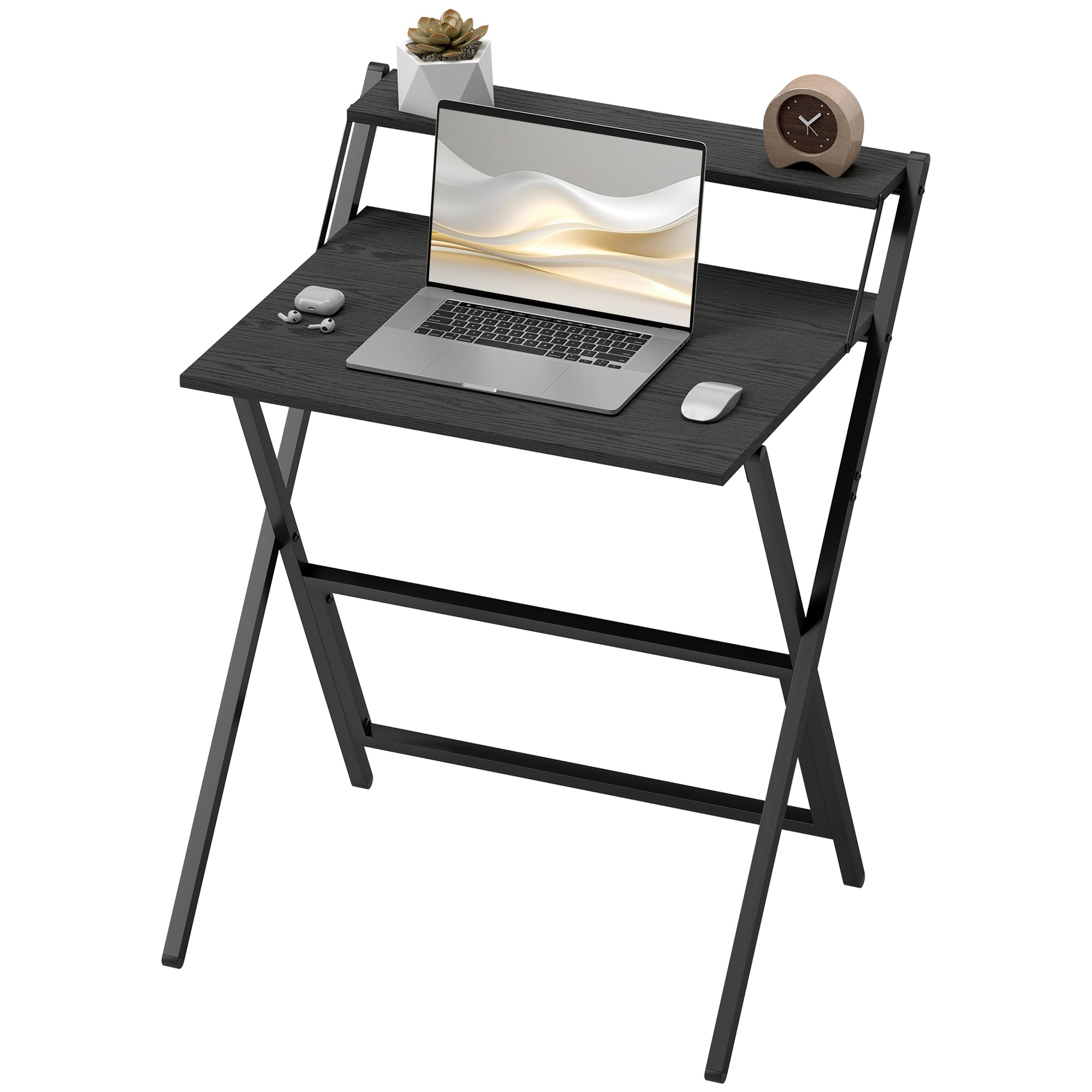 Folding Desk with Monitor Shelf, 70 cm Foldable Computer Desk for Small Spaces, Space Saving Writing Table Workstation for Home Office, Study, Easy Assembly, Black