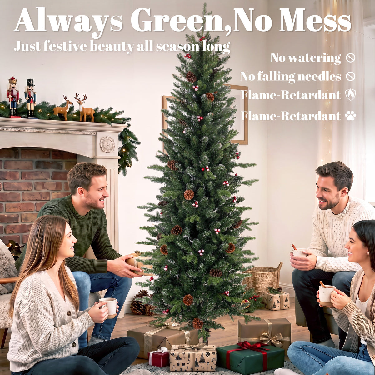 7ft/210cm Artificial Christmas Tree, Slim Gracious Pine Xmas Tree with 904 Branch Tips, Foldable Steel Stand, Easy Assembly for Home Office Holiday Decoration, Green
