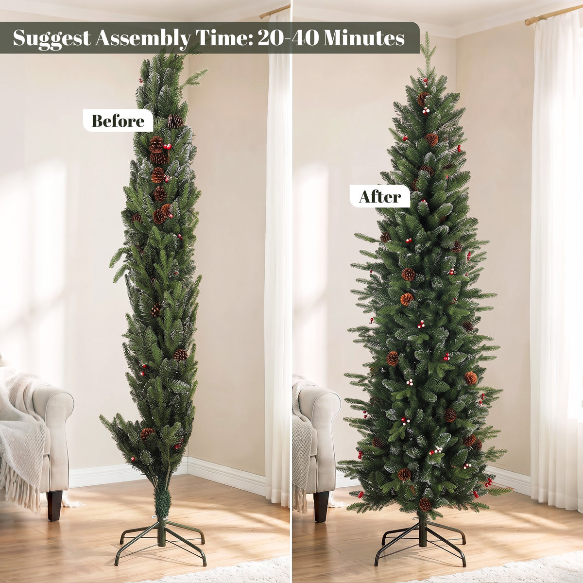 7ft/210cm Artificial Christmas Tree, Slim Gracious Pine Xmas Tree with 904 Branch Tips, Foldable Steel Stand, Easy Assembly for Home Office Holiday Decoration, Green