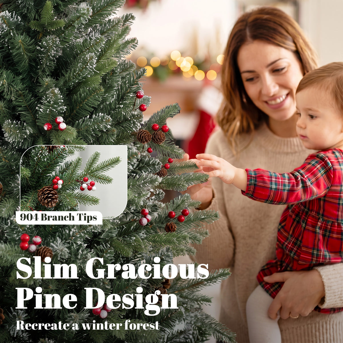 7ft/210cm Artificial Christmas Tree, Slim Gracious Pine Xmas Tree with 904 Branch Tips, Foldable Steel Stand, Easy Assembly for Home Office Holiday Decoration, Green